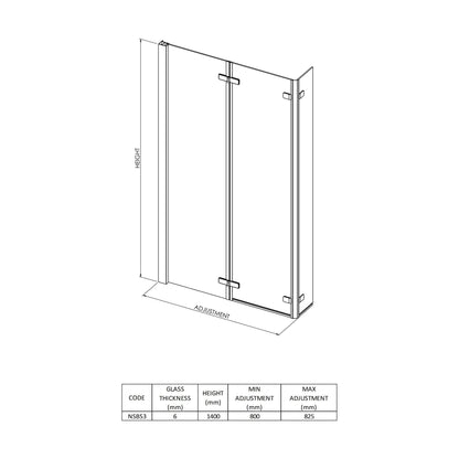 [BBSCBS3] 6mm Toughened Safety Glass Reversible L-Shaped Bath Screen Double Hinged - Chrome - Technical Drawing