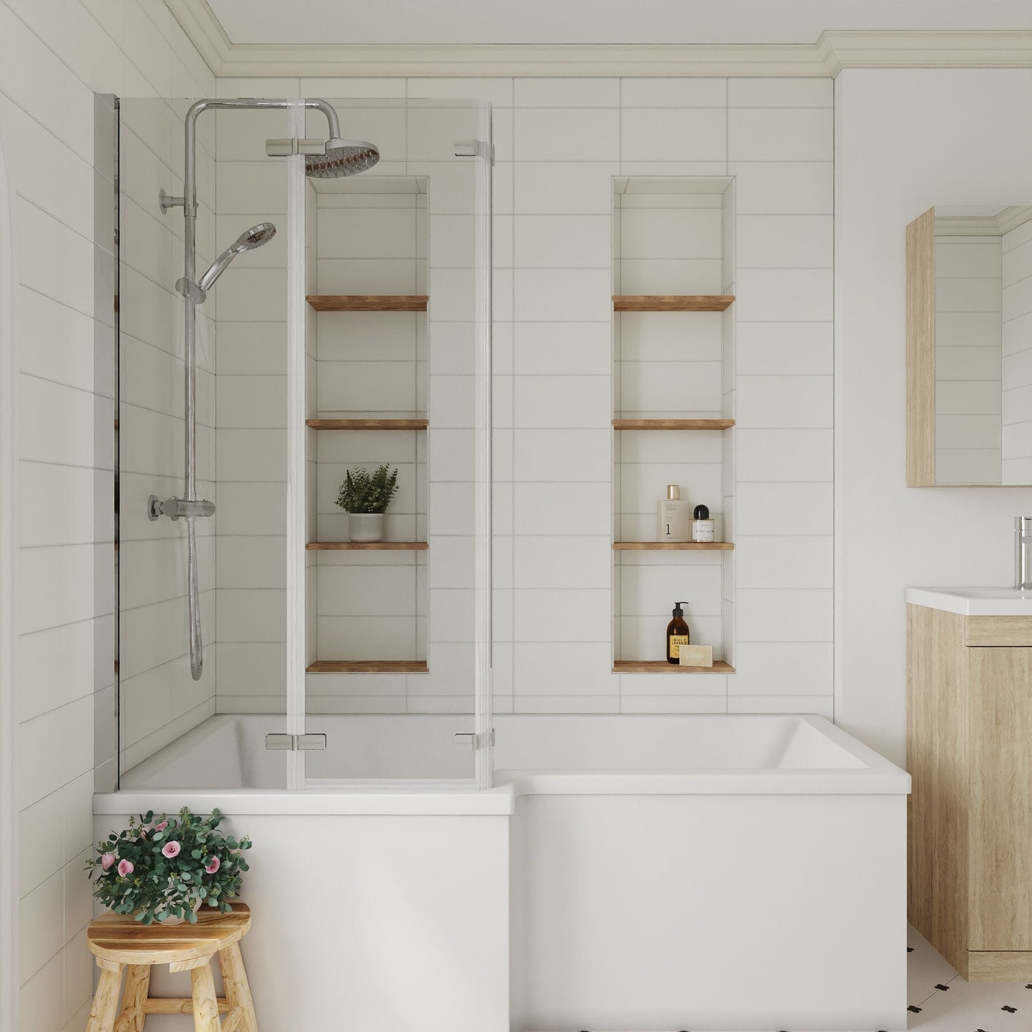[BBSCBS3] 6mm Toughened Safety Glass Reversible L-Shaped Bath Screen Double Hinged - Chrome - Lifestyle 1