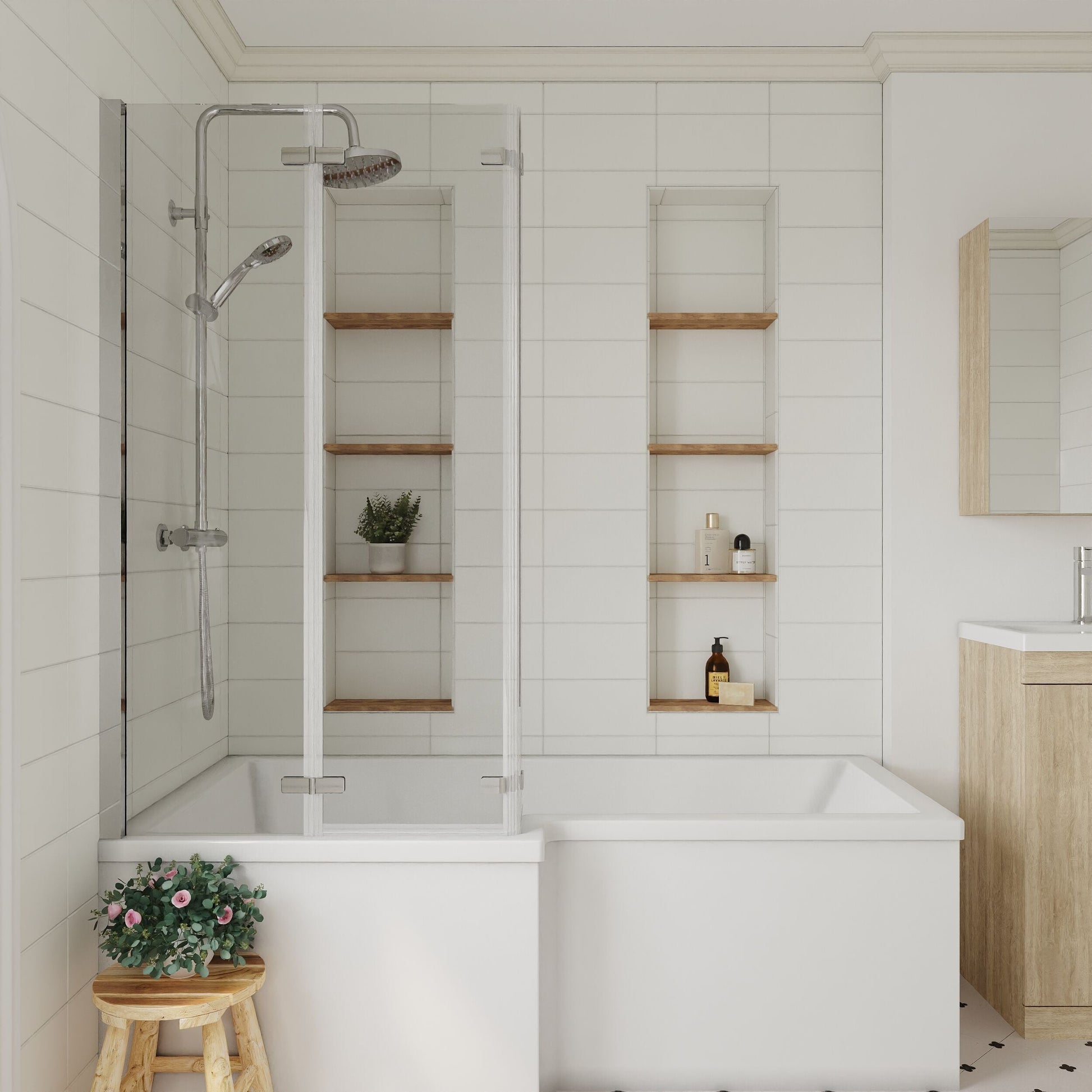 [BBSCBS3] 6mm Toughened Safety Glass Reversible L-Shaped Bath Screen Double Hinged - Chrome - Lifestyle 1