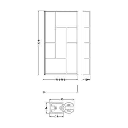 [BBSCBS7BB] Black Reversible Square L Shape 6mm Toughened Safety Glass Bath Screen, 1430 x 808 x 150mm - Technical Drawing