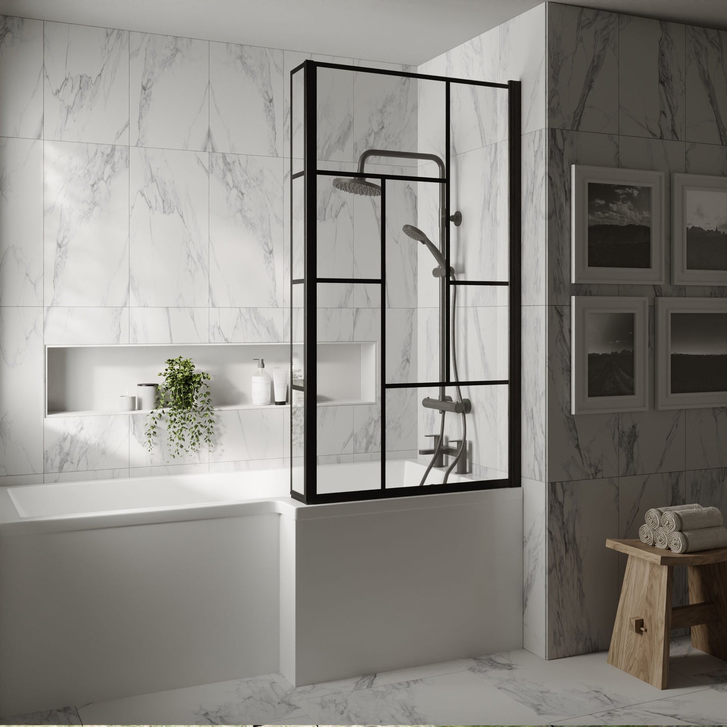 [BBSCBS7BB] Black Reversible Square L Shape 6mm Toughened Safety Glass Bath Screen, 1430 x 808 x 150mm - Lifestyle 1