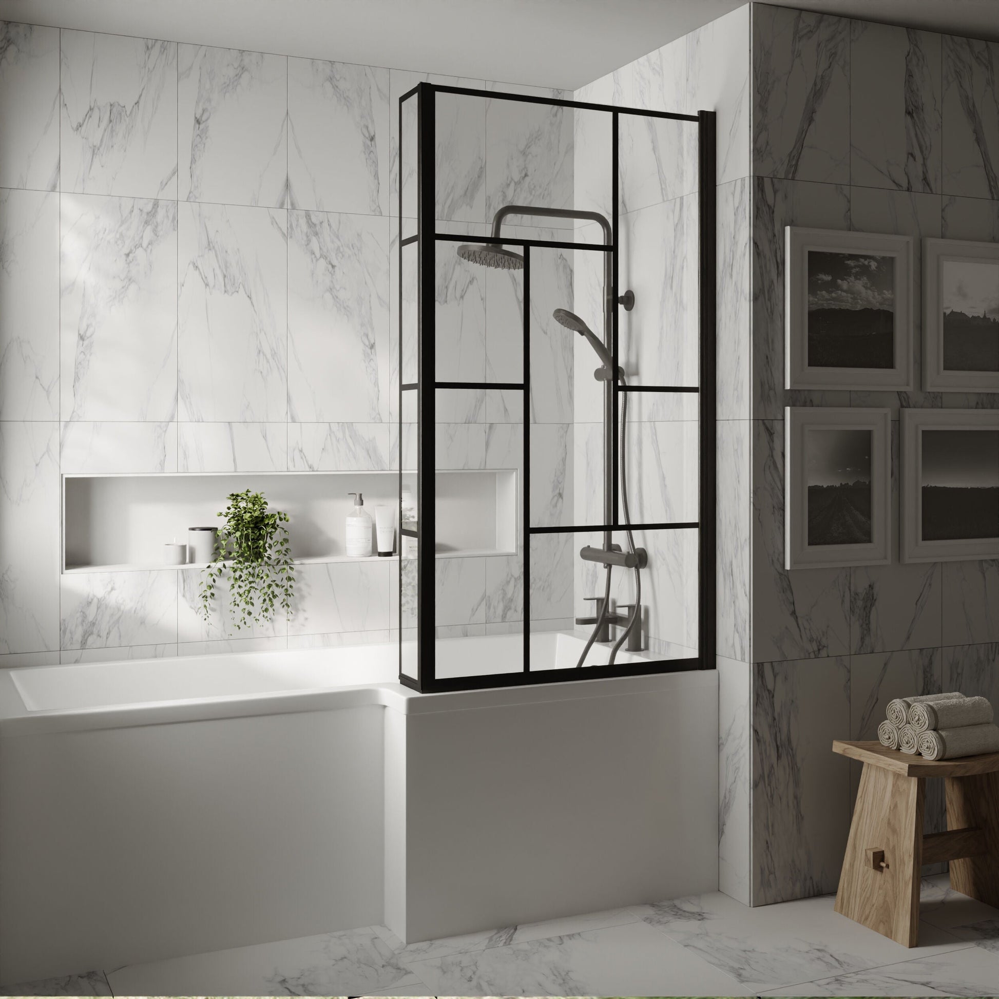 [BBSCBS7BB] Black Reversible Square L Shape 6mm Toughened Safety Glass Bath Screen, 1430 x 808 x 150mm - Lifestyle 1