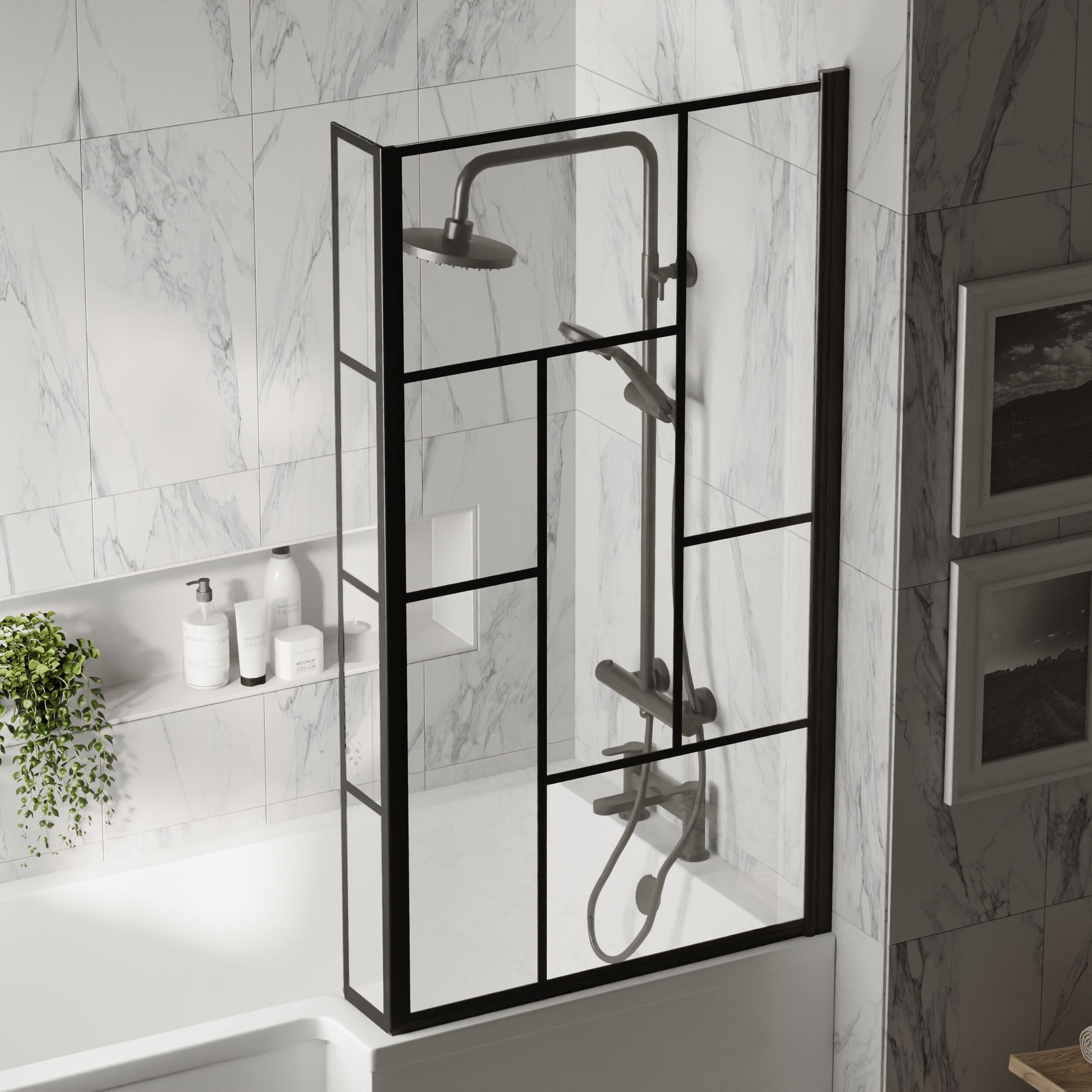 [BBSCBS7BB] Black Reversible Square L Shape 6mm Toughened Safety Glass Bath Screen, 1430 x 808 x 150mm - Lifestyle 3