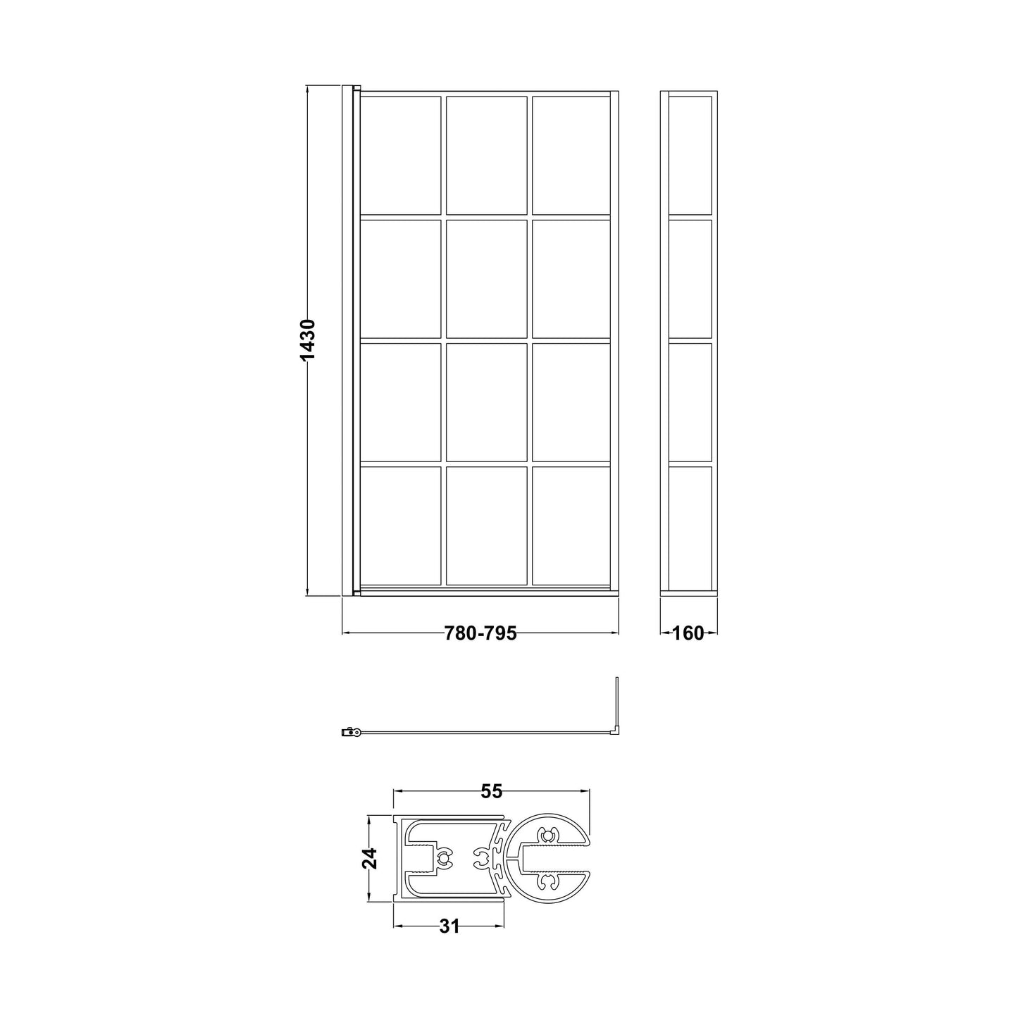 [BBSCBS7BF] Black Frame 6mm Glass L Shaped Shower Bath Screen 1430 x 795 x 150mm - Technical Drawing