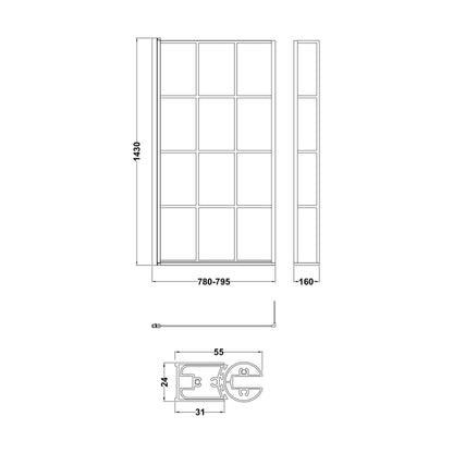 [BBSCBS7BF] Black Frame 6mm Glass L Shaped Shower Bath Screen 1430 x 795 x 150mm - Technical Drawing