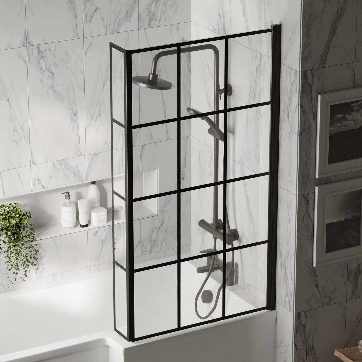 [BBSCBS7BF] Black Frame 6mm Glass L Shaped Shower Bath Screen 1430 x 795 x 150mm - Lifestyle 3