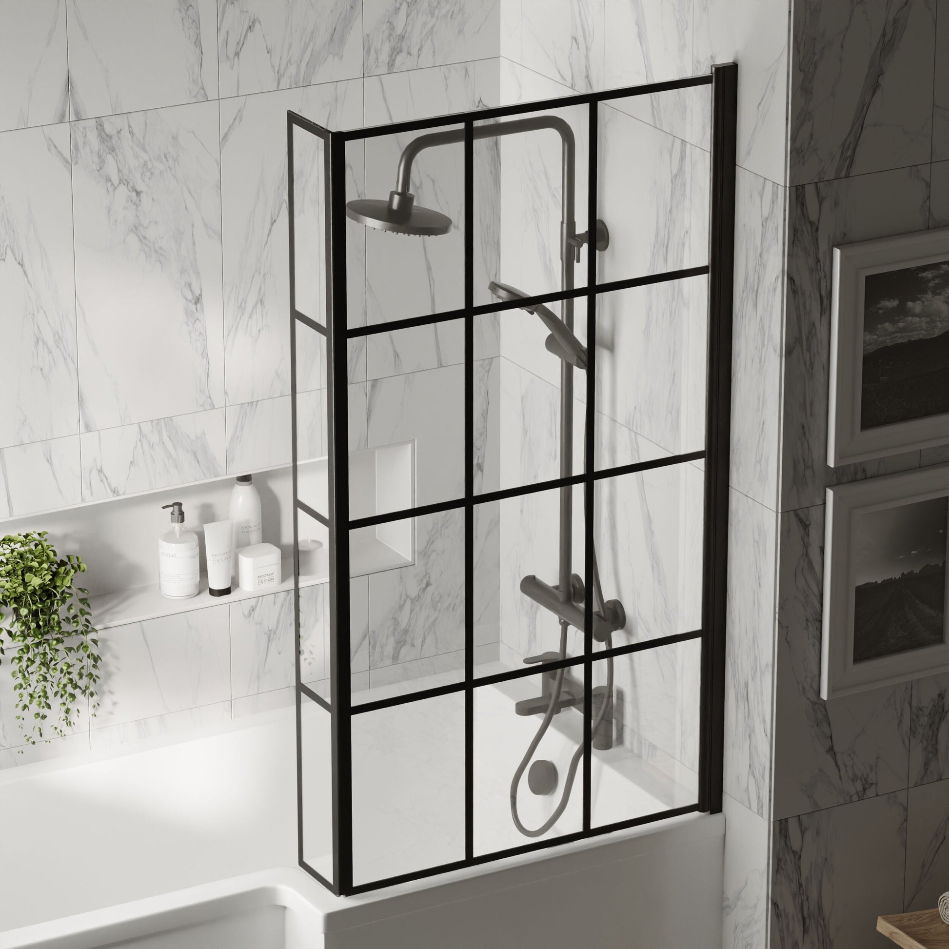 [BBSCBS7BF] Black Frame 6mm Glass L Shaped Shower Bath Screen 1430 x 795 x 150mm - Lifestyle 3