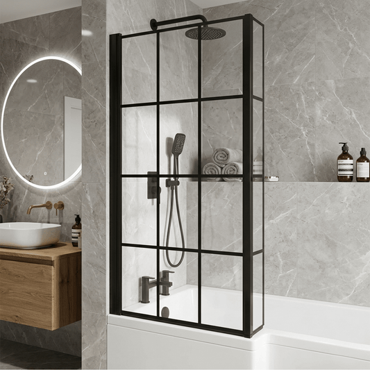 [BBSCBS7BF] Black Frame 6mm Glass L Shaped Shower Bath Screen 1430 x 795 x 150mm - Silo