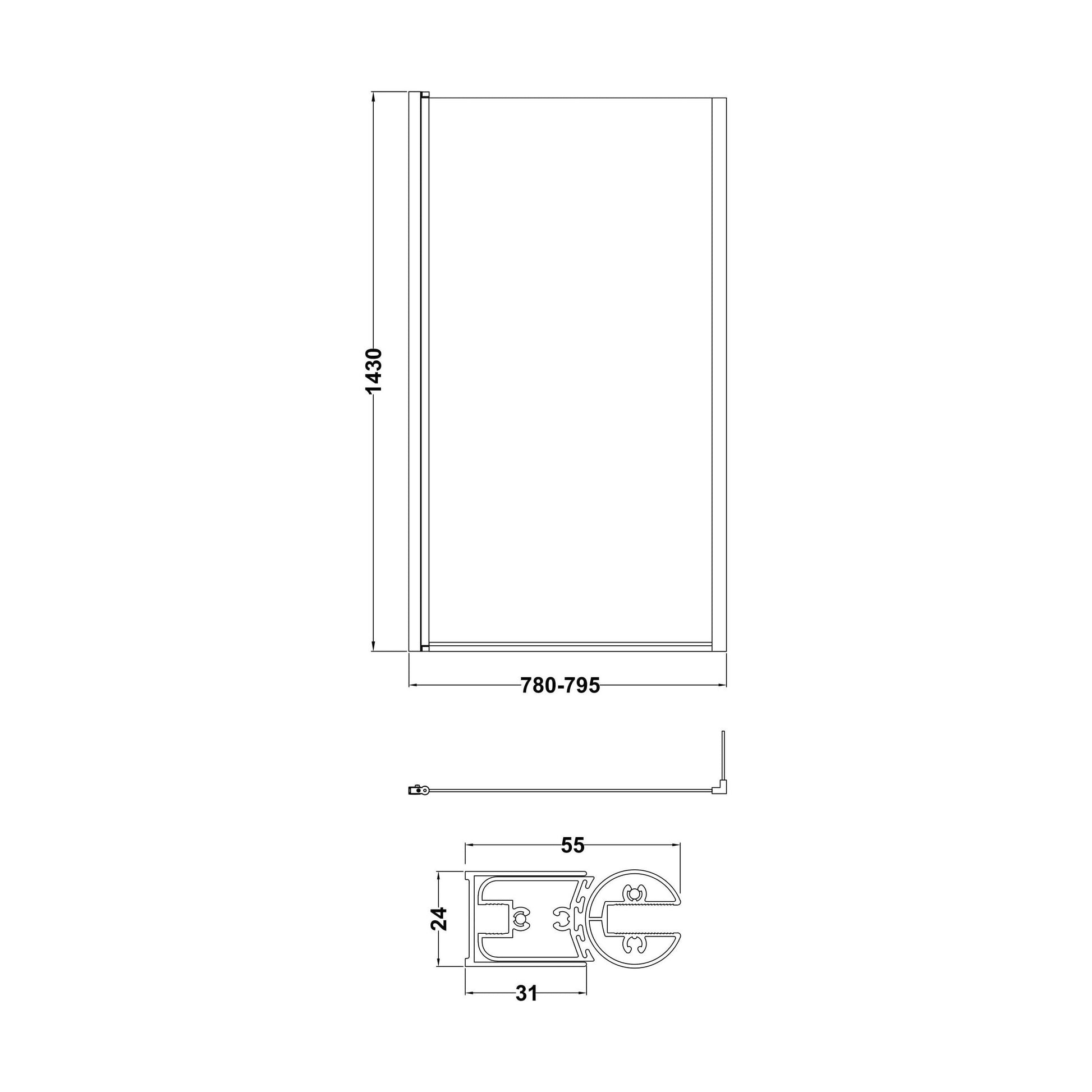 [BBSCBS7BP] 6mm Toughened Safety Glass L Shaped Reversible Bath Screen with Fixed Return - Black - Technical Drawing