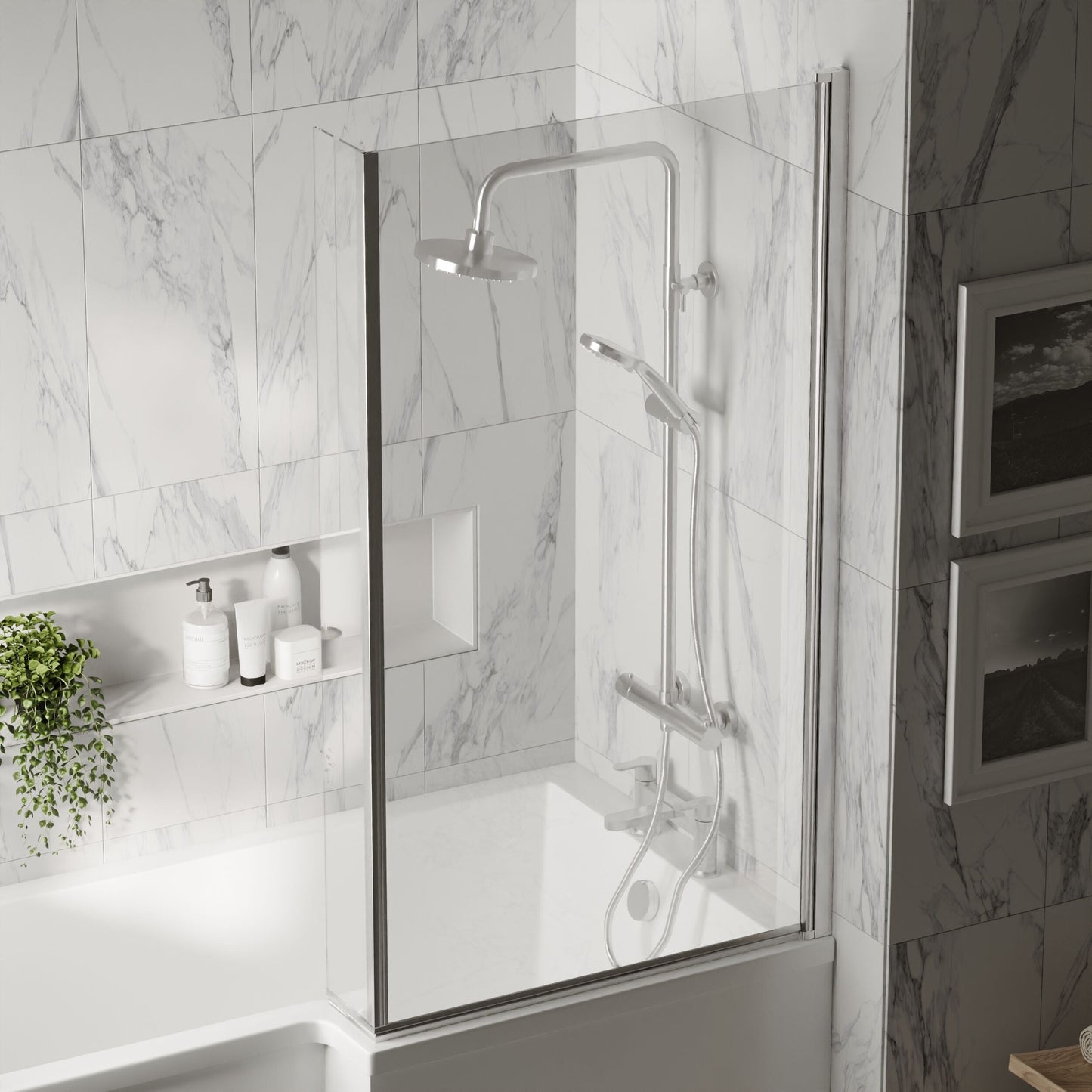 [BBSCBS7] Chrome 6mm Toughened Safety Glass Reversible L-Shaped Bath Hinged Screen - Lifestyle 3