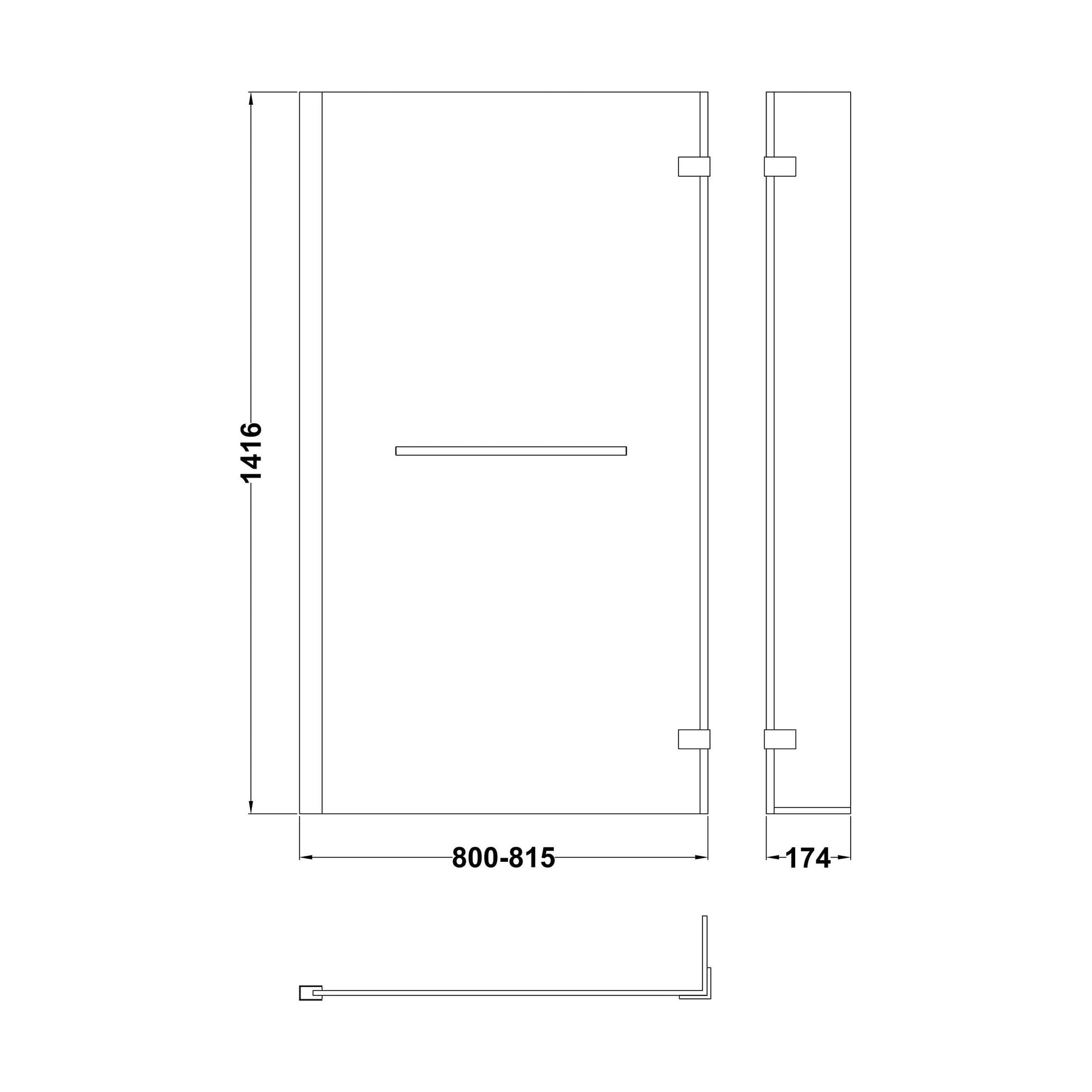 [BBSCBSR1] 6mm Toughened Safety Glass Reversible L-Shaped Bath Fixed Screen Hinged Return with Rail - Chrome - Technical Drawing