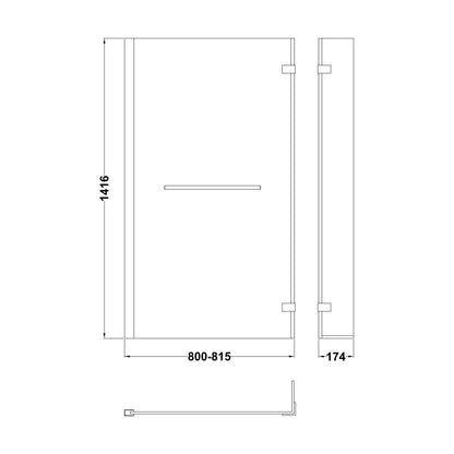 [BBSCBSR1] 6mm Toughened Safety Glass Reversible L-Shaped Bath Fixed Screen Hinged Return with Rail - Chrome - Technical Drawing