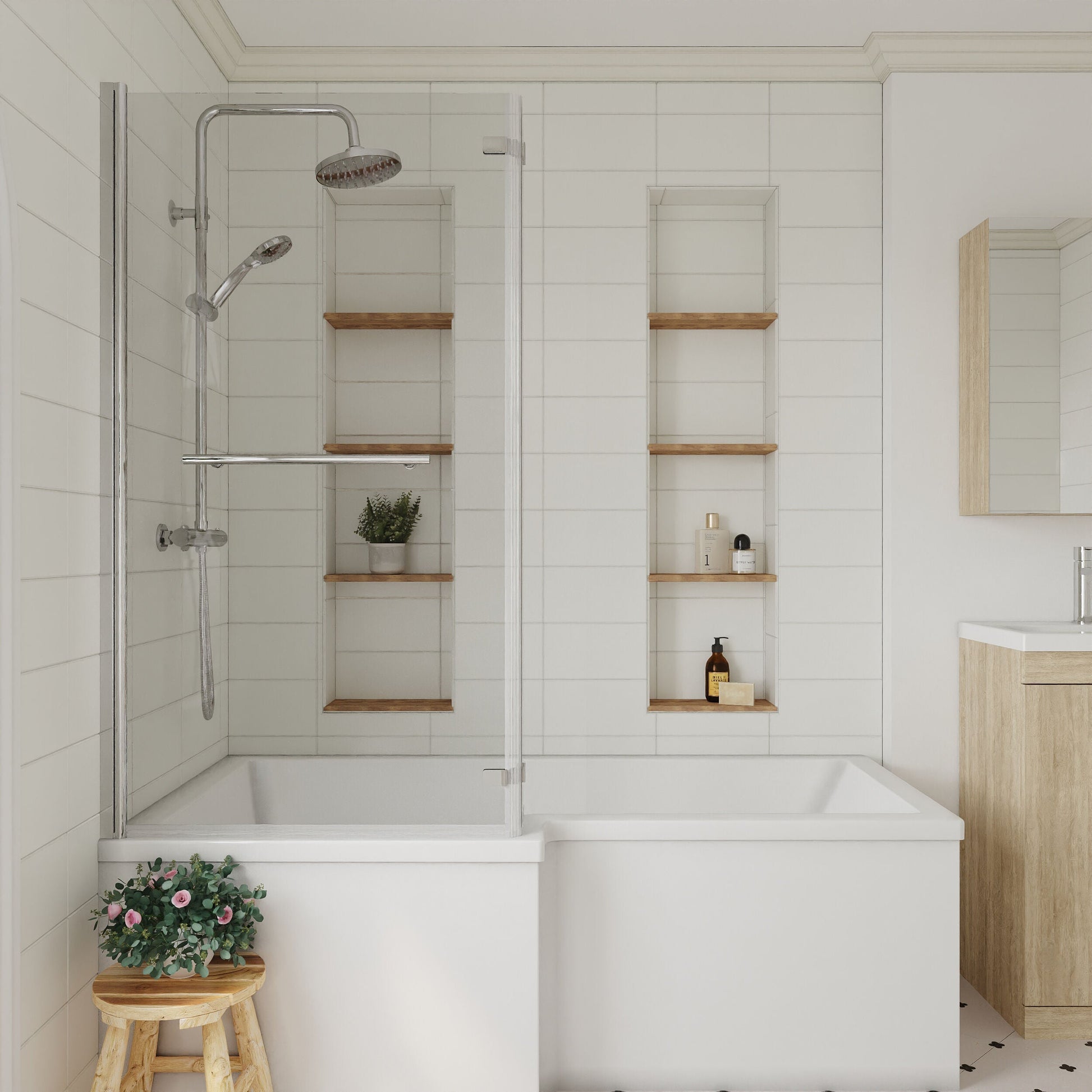 [BBSCBSR1] 6mm Toughened Safety Glass Reversible L-Shaped Bath Fixed Screen Hinged Return with Rail - Chrome - Lifestyle 1