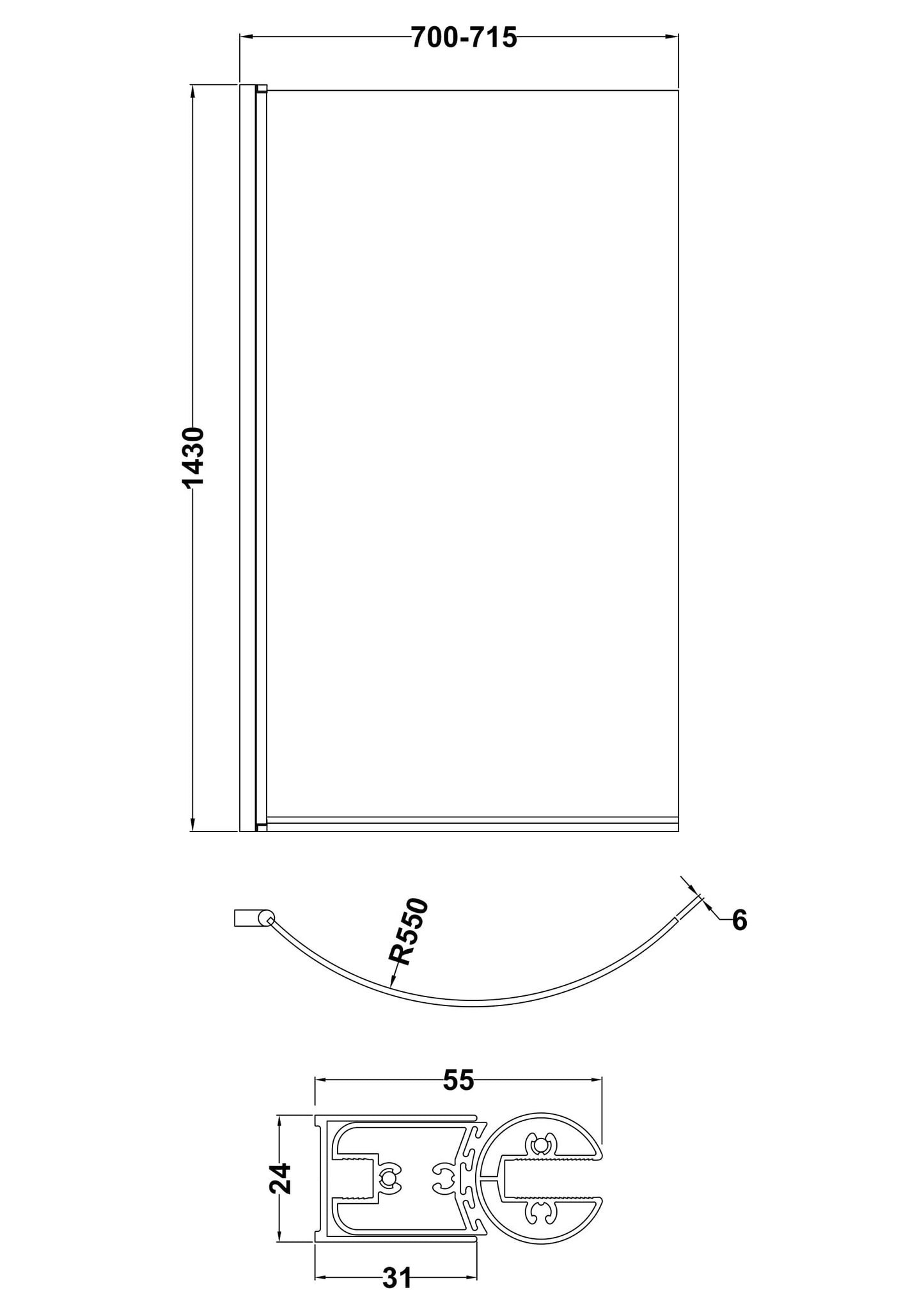 [BBSCCS0BP] Contemporary Curved 6mm Toughened Safety Glass Reversible P-Bath Bath Shower Screen - Line Drawing