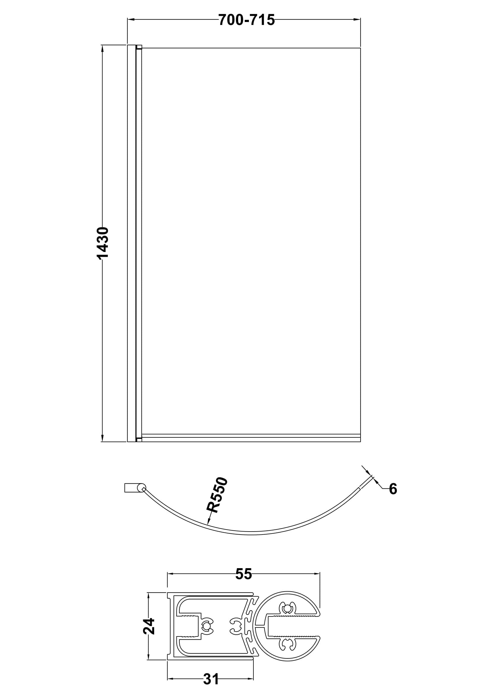 [BBSCCS0] Contemporary Curved 6mm Toughened Safety Glass Reversible P-Bath Bath Shower Screen - Line Drawing