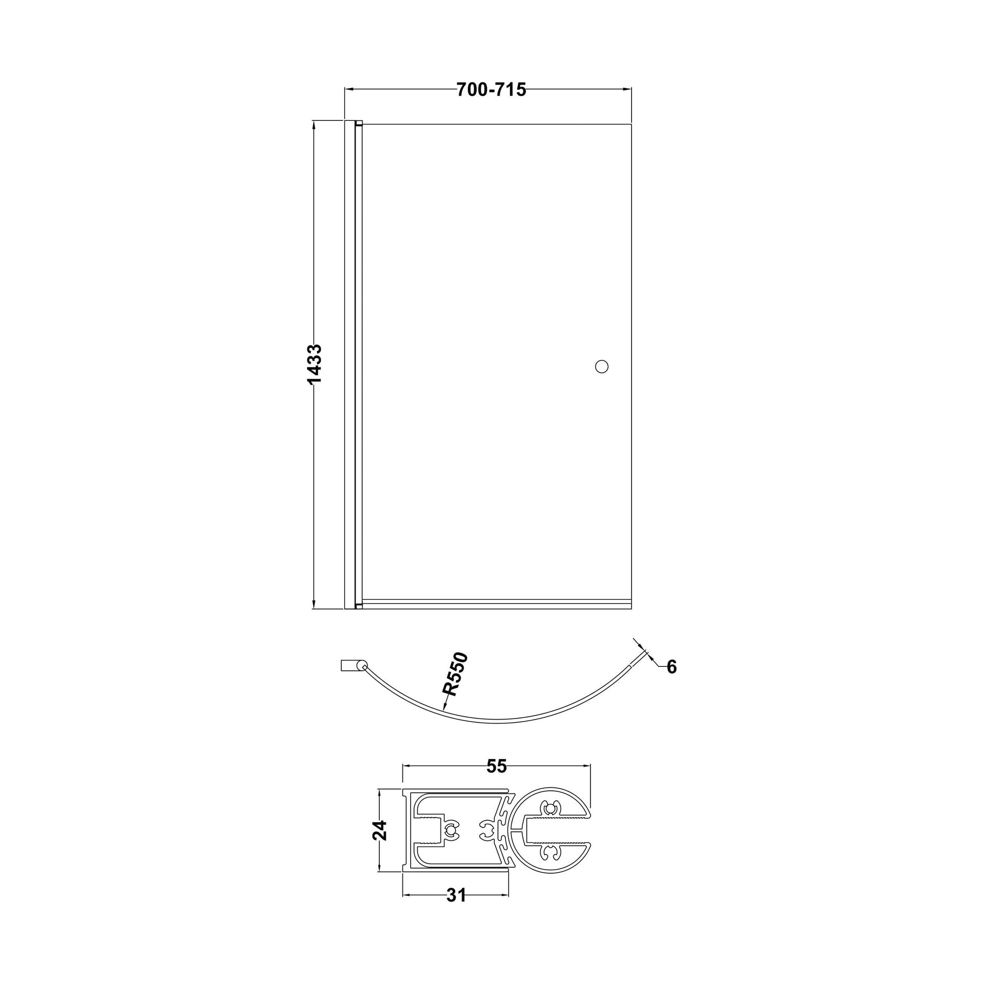 [BBSCCS1] Chrome 6mm Toughened Safety Glass Reversible P-Bath Screen with Knob - Technical Drawing