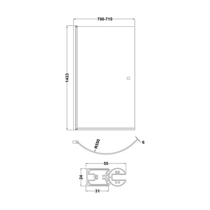 [BBSCCS1] Chrome 6mm Toughened Safety Glass Reversible P-Bath Screen with Knob - Technical Drawing