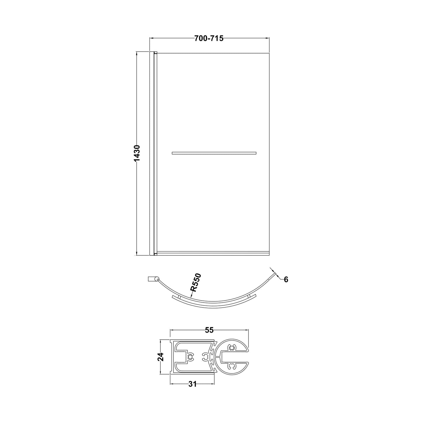 [BBSCCSR1] Balterley Contemporary 6mm Toughened Safety Glass Reversible P-Bath Screen with Towel Rail, 1430 x 715 x 185mm - Chrome - Technical Drawing