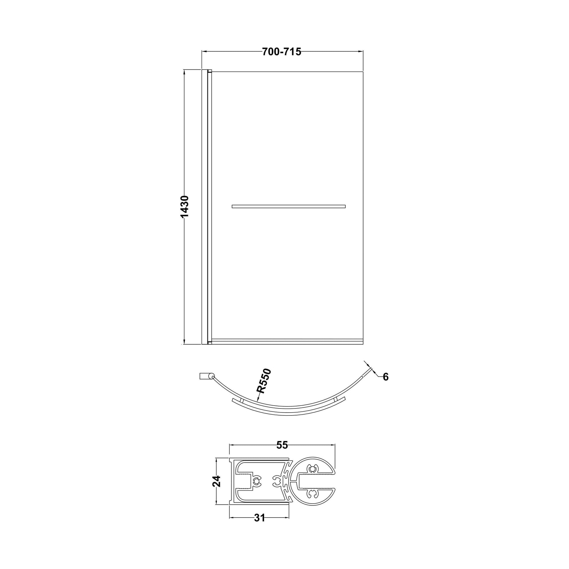 [BBSCCSR1] Balterley Contemporary 6mm Toughened Safety Glass Reversible P-Bath Screen with Towel Rail, 1430 x 715 x 185mm - Chrome - Technical Drawing