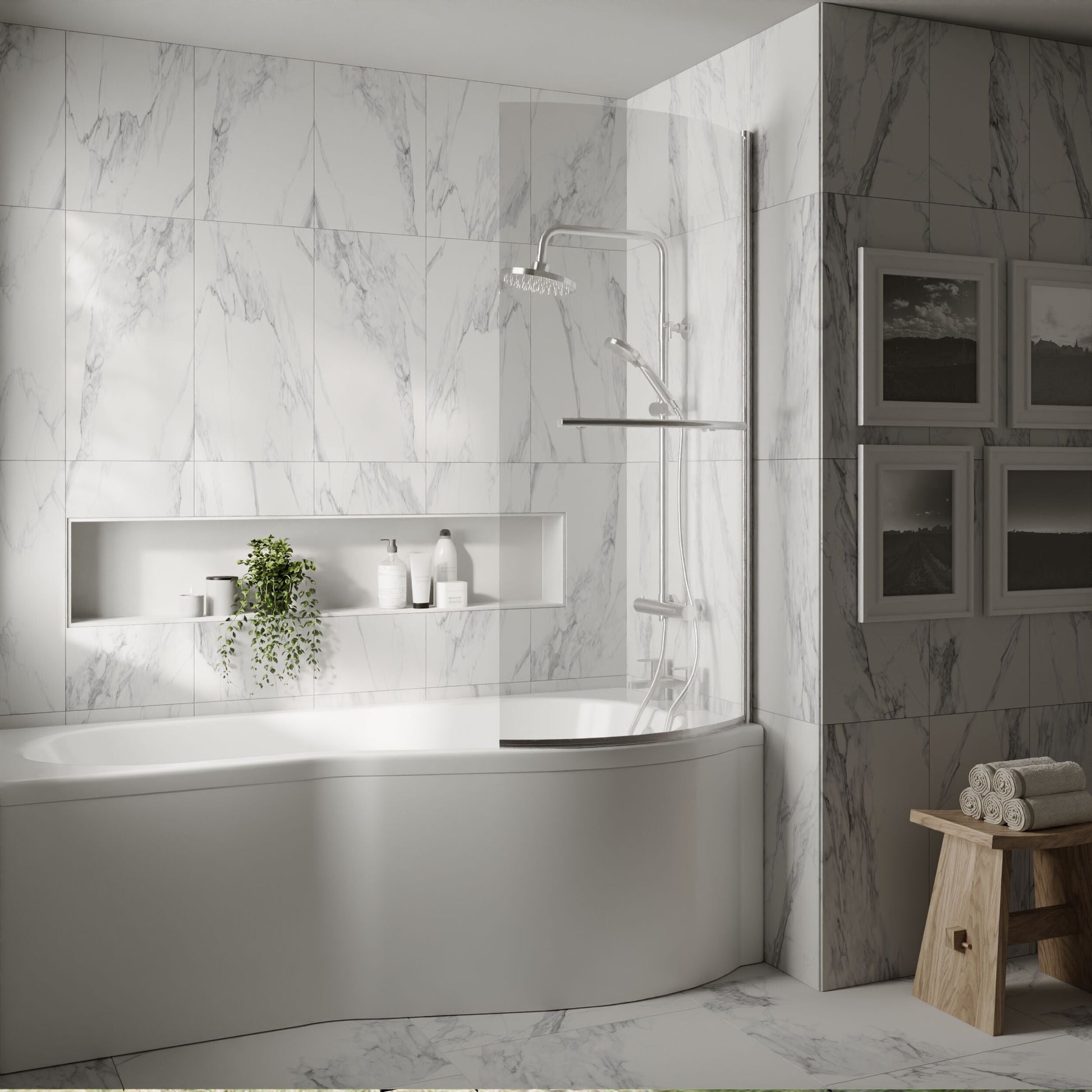 [BBSCCSR1] Balterley Contemporary 6mm Toughened Safety Glass Reversible P-Bath Screen with Towel Rail, 1430 x 715 x 185mm - Chrome - Lifestyle 1