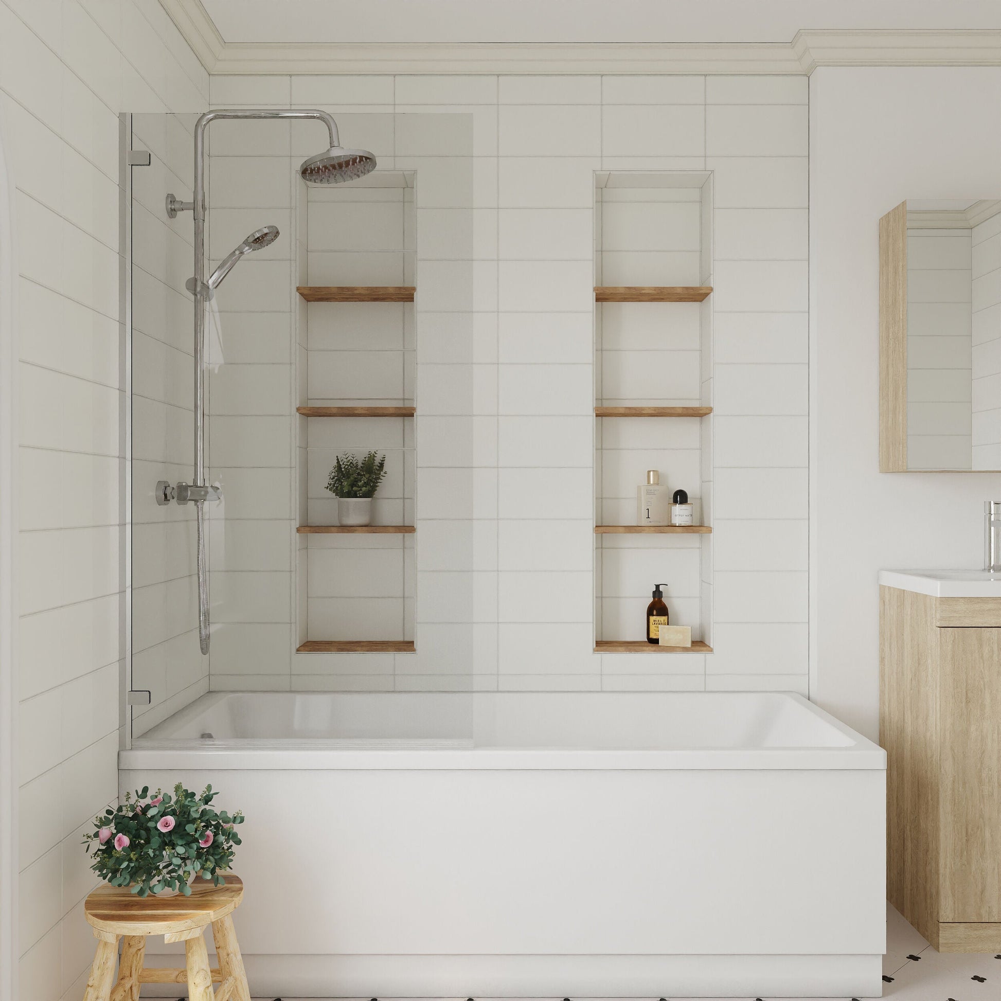 [BBSCRSSQ] Chrome 5mm Toughened Safety Glass Hinged Shower Bath Screen - Lifestyle 1