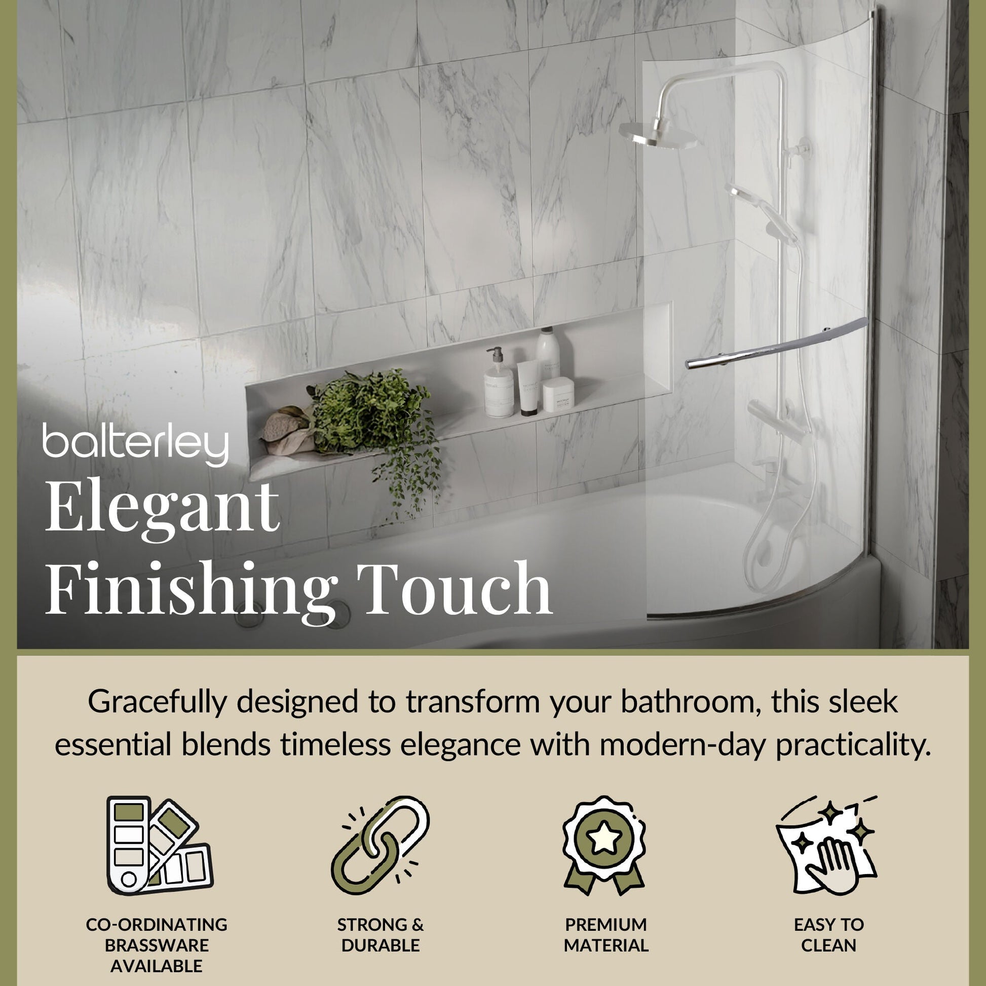 Contemporary Curved 6mm Toughened Safety Glass Reversible B-Bath Screen