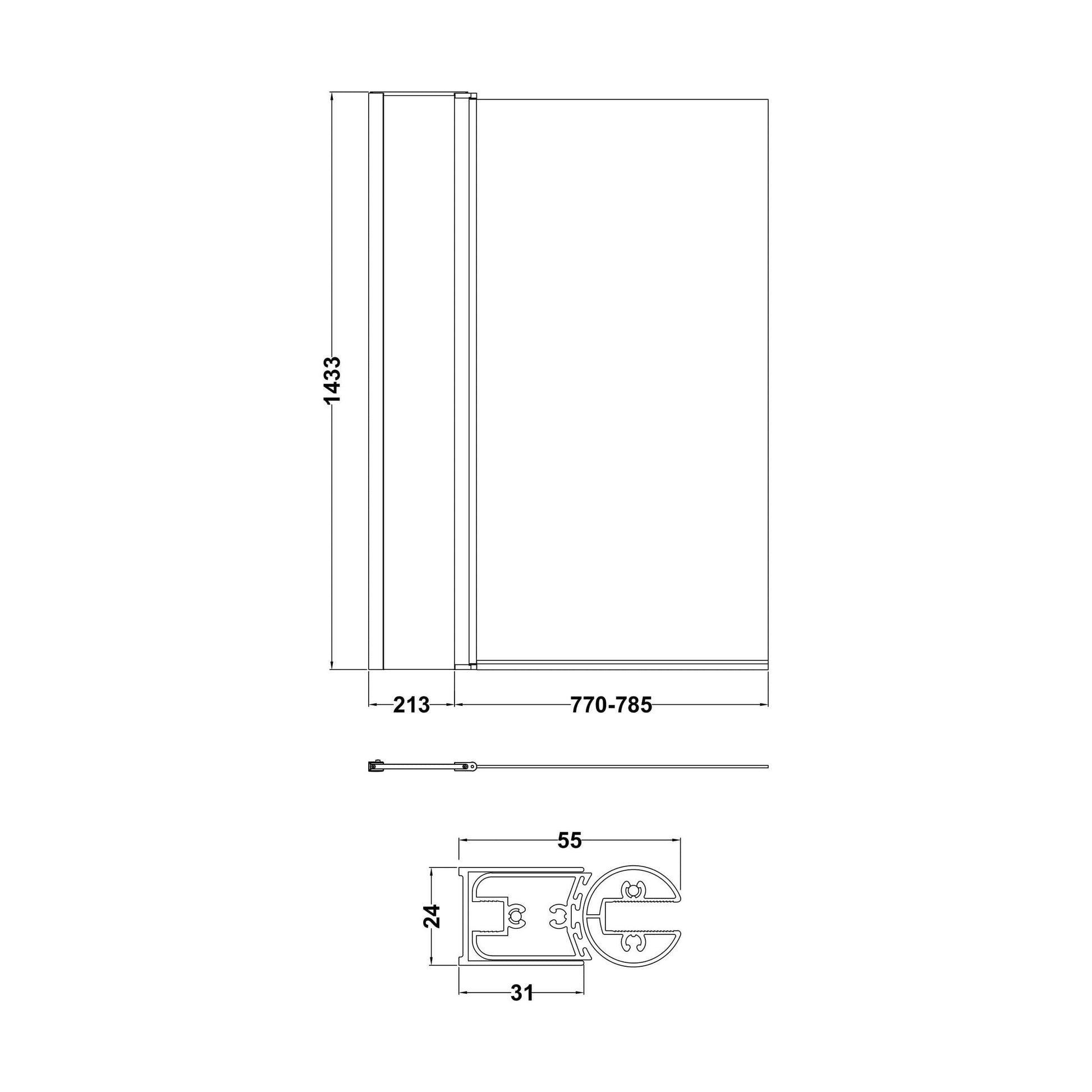 [BBSCSQ1] Contemporary Square Bath Shower Screen - Choice of Style and Finish - Technical Drawing