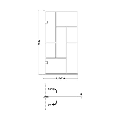 [BBSCSQ7BB] Abstract Modern Square Bath Shower Screen - Black, 830 x 1520 x 38 mm - Technical Drawing