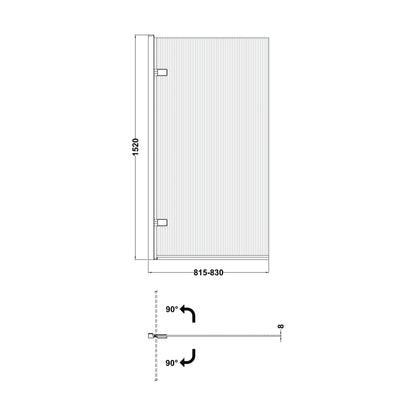 [BBSCSQ7FLBB] Contemporary 8mm Toughened Safety Glass Square Hinged Fluted Bath Screen, 1520 x 830 x 24mm - Choice of Colour - Technical Drawing