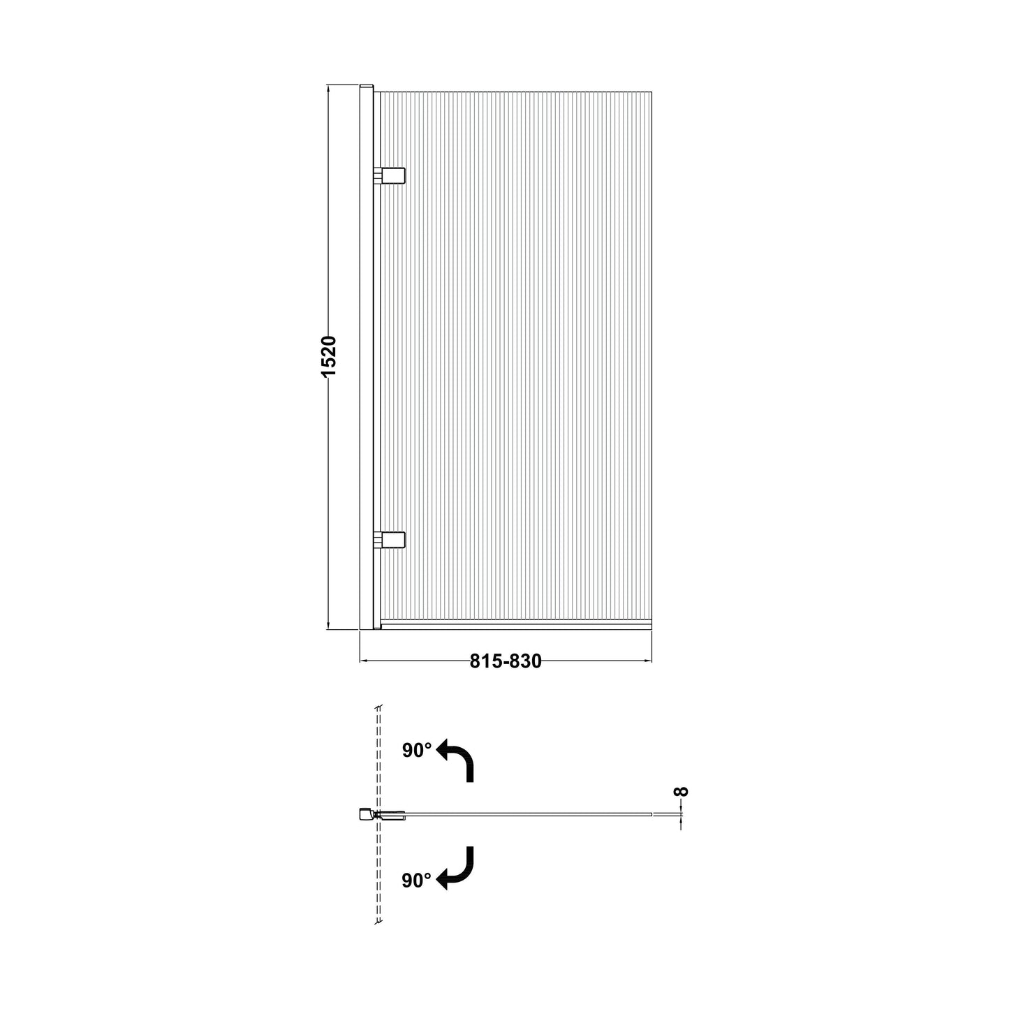 [BBSCSQ7FLBP] Contemporary 8mm Toughened Safety Glass Square Hinged Fluted Bath Screen, 1520 x 830 x 24mm - Choice of Colour - Technical Drawing