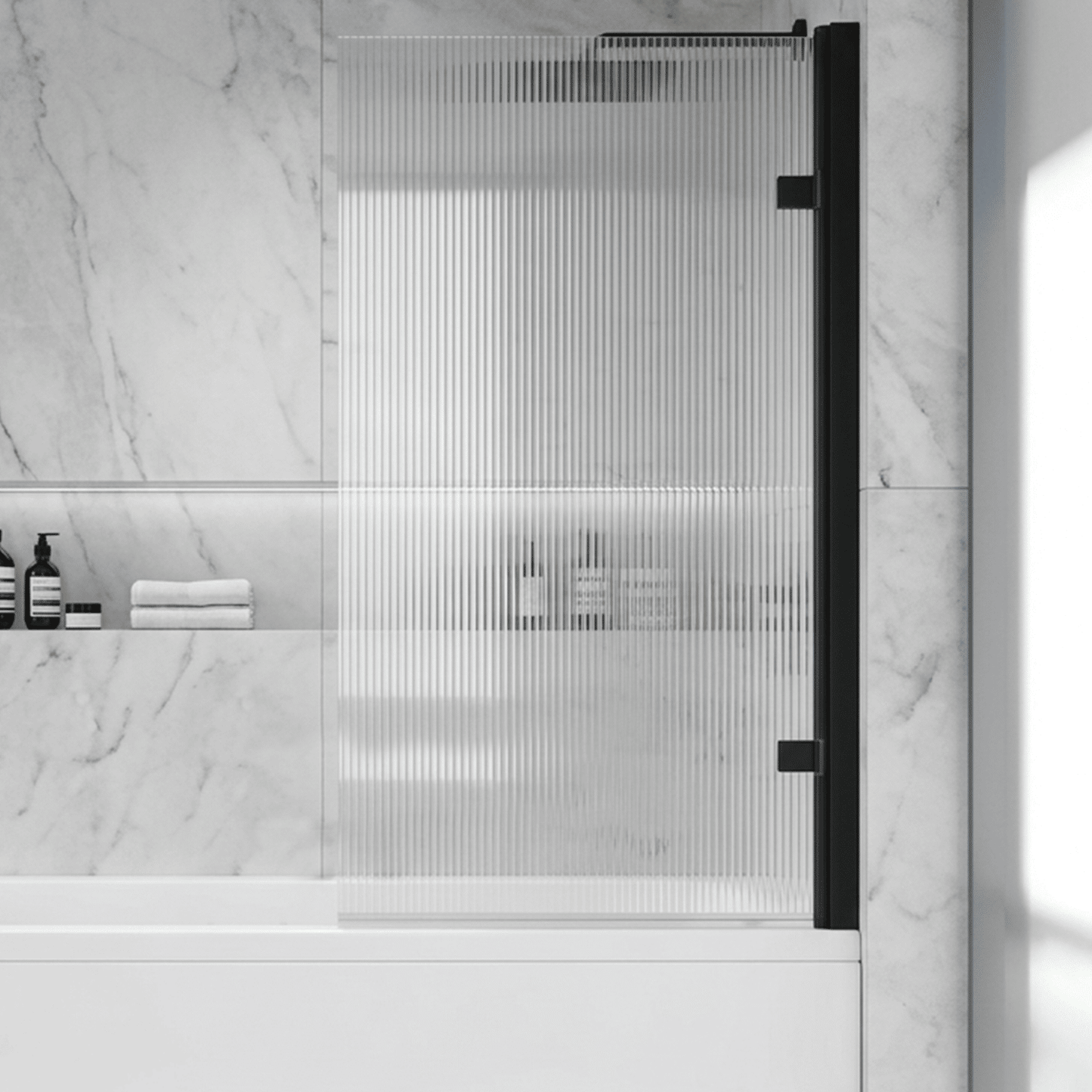 [BBSCSQ7FLBP] Contemporary 8mm Toughened Safety Glass Square Hinged Fluted Bath Screen, 1520 x 830 x 24mm - Choice of Colour - Silo