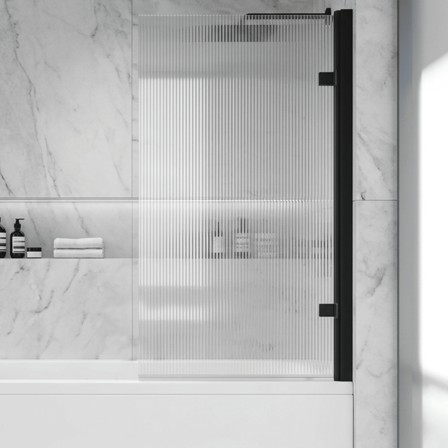 [BBSCSQ7FLBP] Contemporary 8mm Toughened Safety Glass Square Hinged Fluted Bath Screen, 1520 x 830 x 24mm - Choice of Colour - Silo