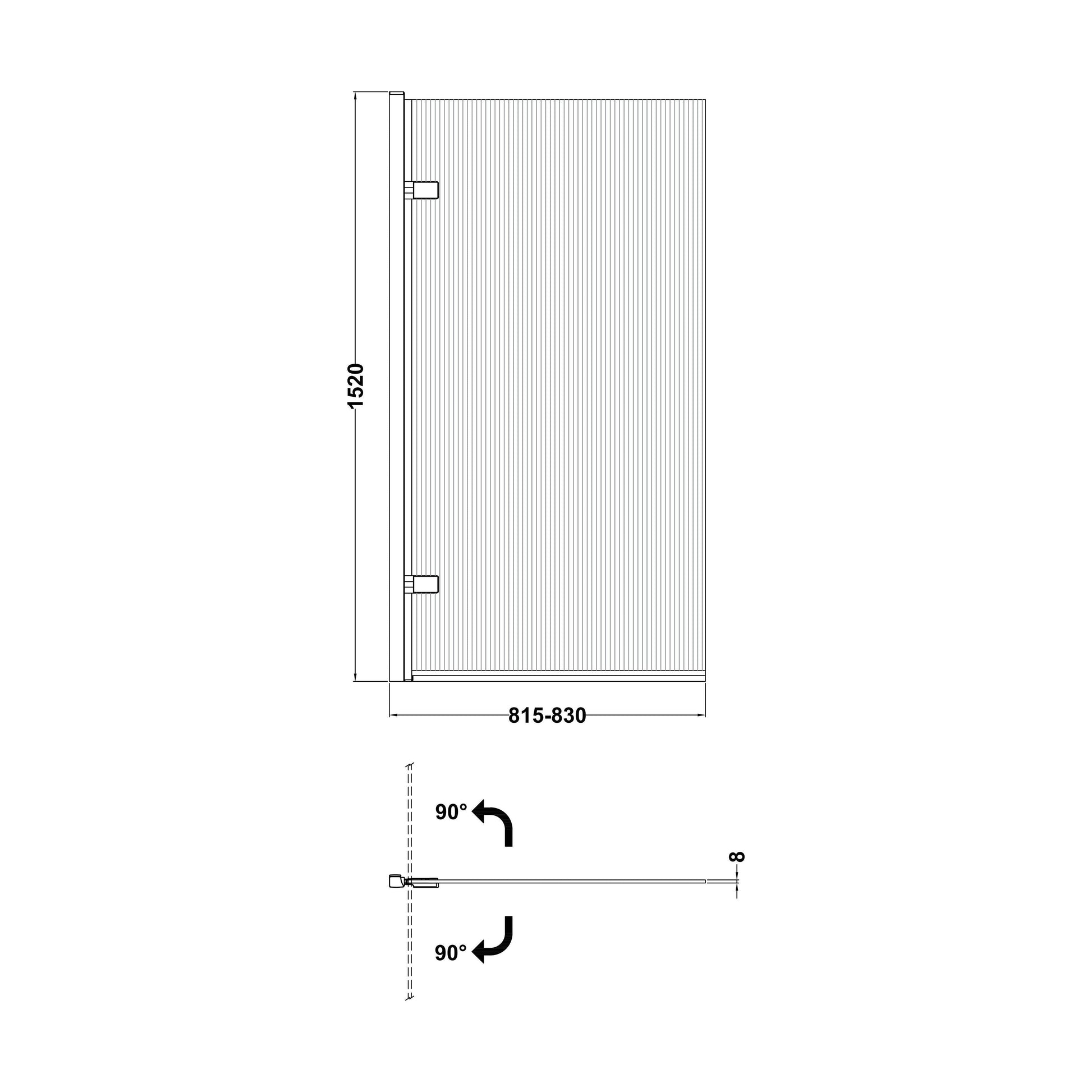 [BBSCSQ7FL] Contemporary 8mm Toughened Safety Glass Square Hinged Fluted Bath Screen, 1520 x 830 x 24mm - Choice of Colour - Technical Drawing