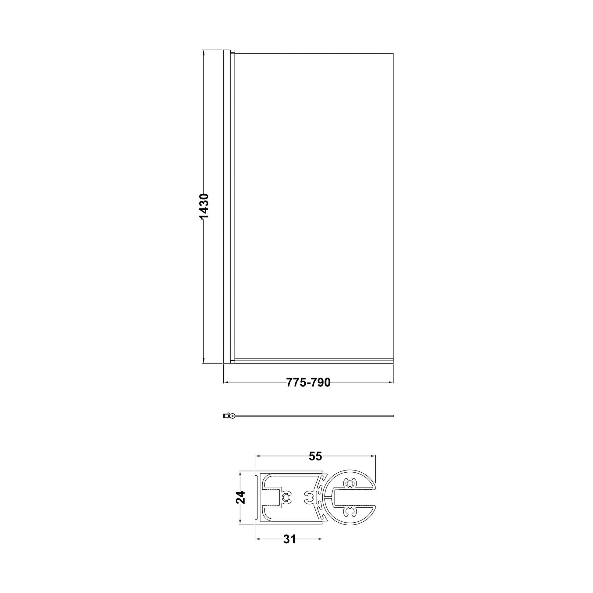 [BBSCSQ8] Contemporary Square Bath Shower Screen - Choice of Style and Finish - Technical Drawing