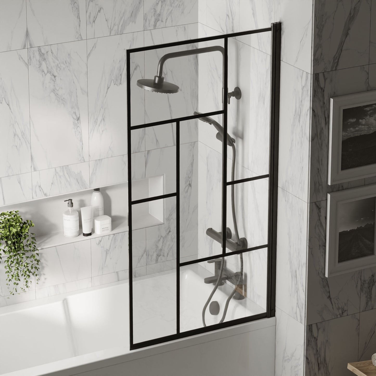 [BBSCSQBB] Balterley Abstract Modern Square 6mm Toughened Safety Glass Reversible Shower Bath Screen - Black - Lifestyle 3