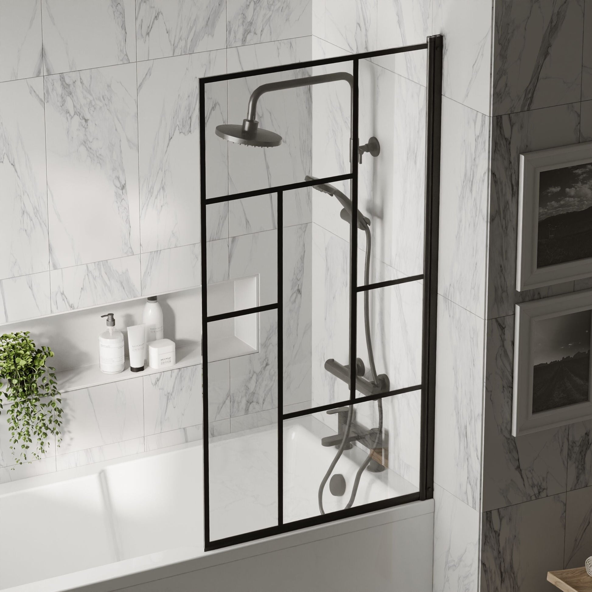 [BBSCSQBB] Balterley Abstract Modern Square 6mm Toughened Safety Glass Reversible Shower Bath Screen - Black - Lifestyle 3
