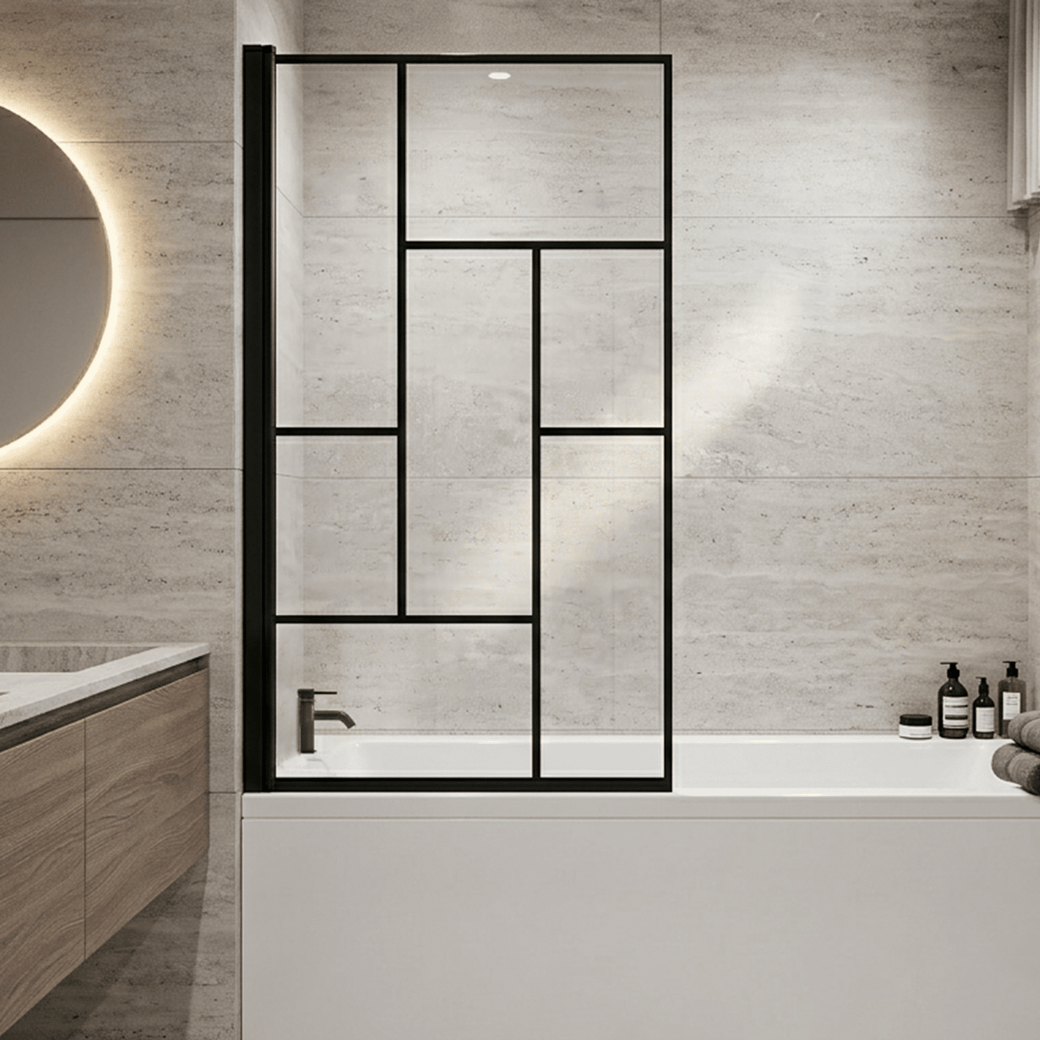 [BBSCSQBB] Balterley Abstract Modern Square 6mm Toughened Safety Glass Reversible Shower Bath Screen - Black - Silo