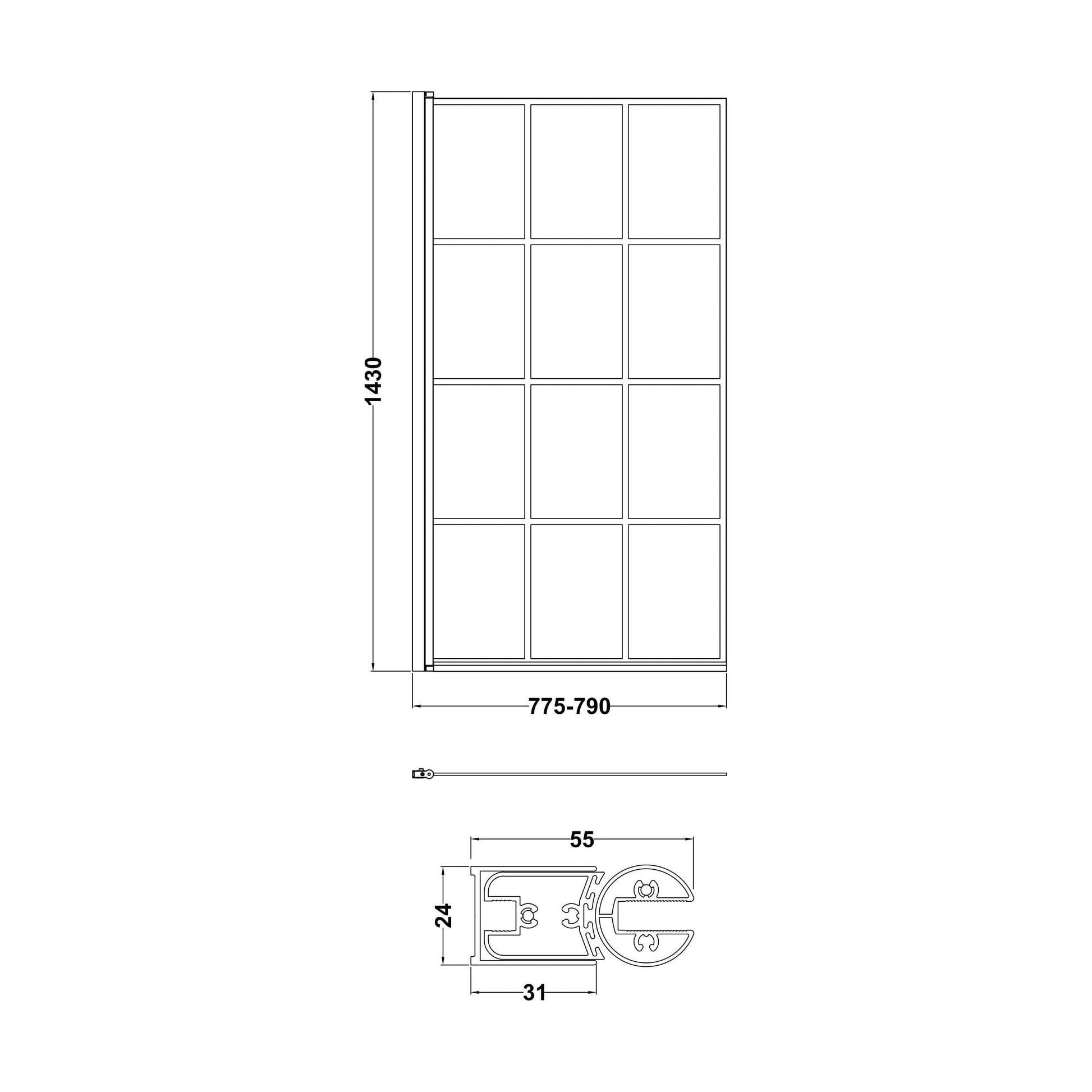 [BBSCSQBF] Contemporary Black Framed Reversible Hinged Shower Bath Screen - 6 mm Toughened Safety Glass, H: 1430 × W: 790 × D: 38 mm - Technical Drawing