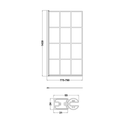 [BBSCSQBF] Contemporary Black Framed Reversible Hinged Shower Bath Screen - 6 mm Toughened Safety Glass, H: 1430 × W: 790 × D: 38 mm - Technical Drawing