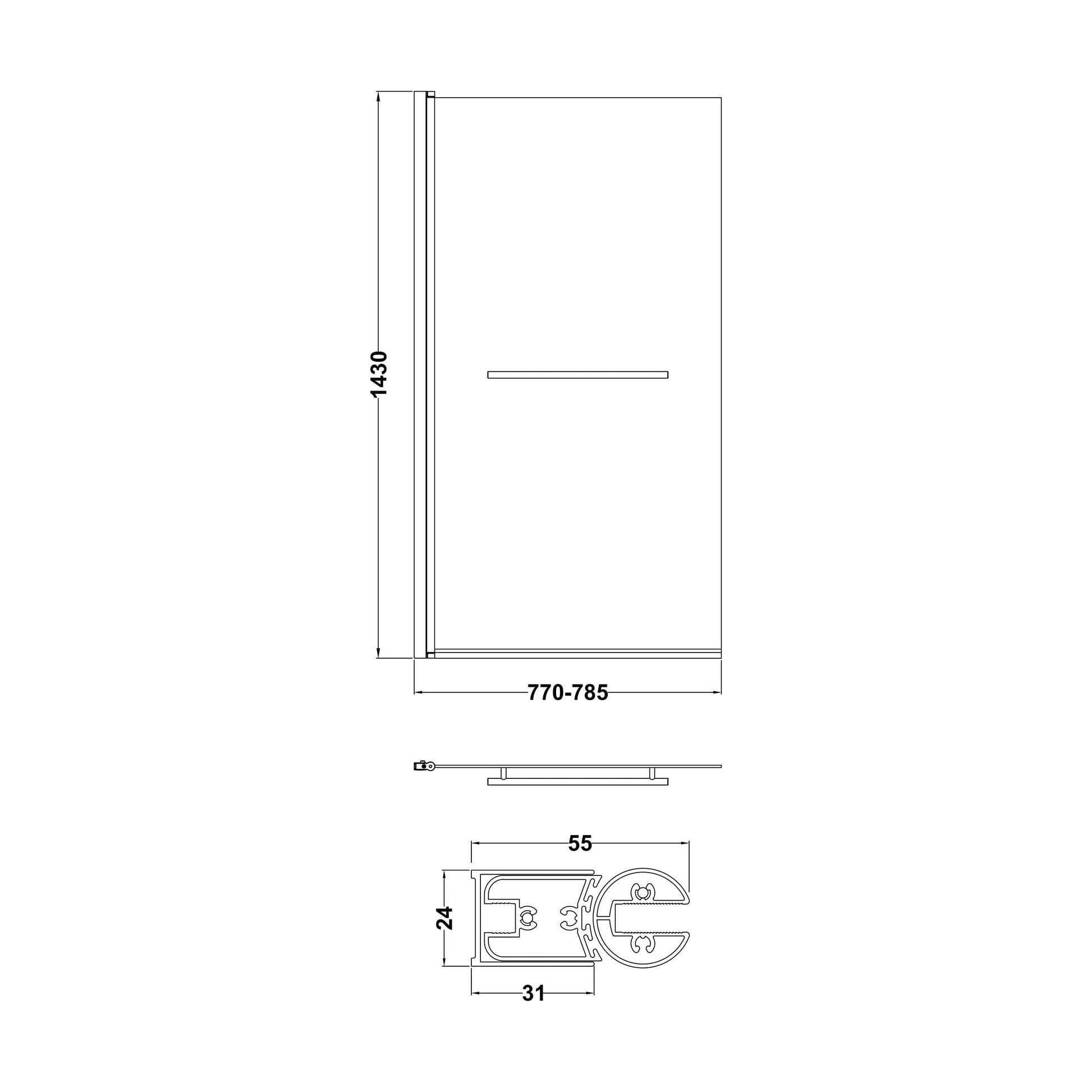[BBSCSQR] Contemporary Square Bath Shower Screen - Choice of Style and Finish - Technical Drawing