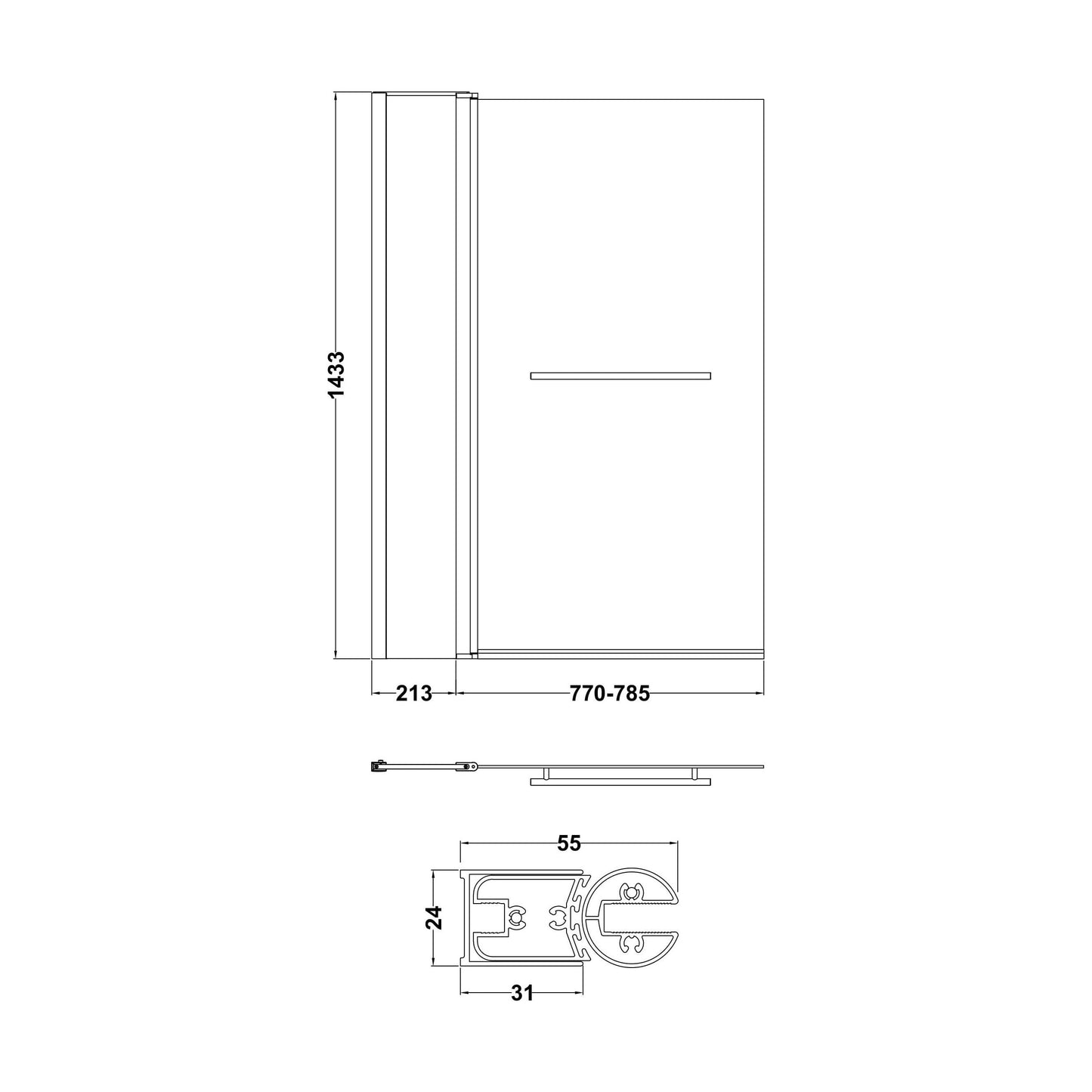 [BBSCSRR2] Contemporary Square Bath Shower Screen - Choice of Style and Finish - Technical Drawing