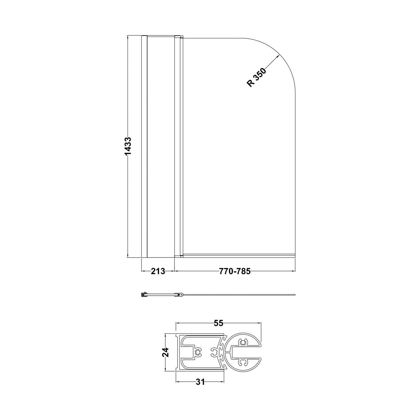 [BBSCSS2] Balterley Modern 6mm Toughened Safety Glass Reversible Shower Bath Screen with Fixed Panel - Chrome - Technical Drawing