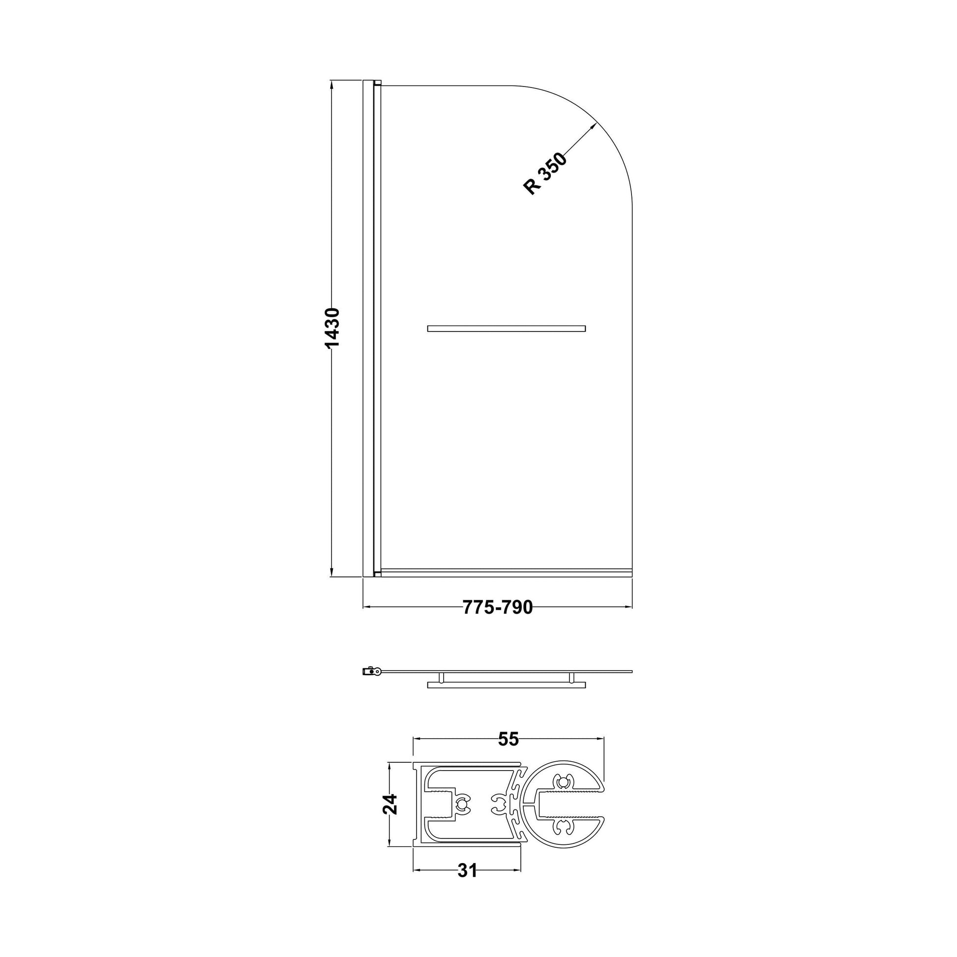 [BBSCSSR1] Balterley Modern 6mm Toughened Safety Glass Reversible Shower Bath Screen with Towel Rail, 1430 x 790mm - Chrome - Technical Drawing