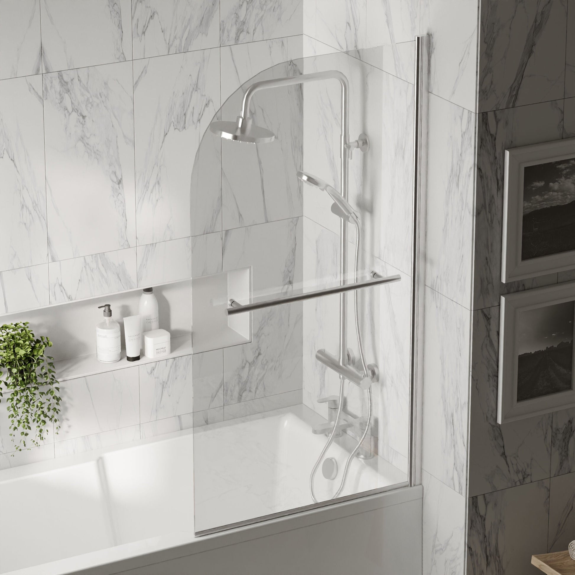 [BBSCSSR1] Balterley Modern 6mm Toughened Safety Glass Reversible Shower Bath Screen with Towel Rail, 1430 x 790mm - Chrome - Lifestyle 3