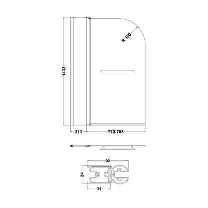 [BBSCSSR2] Balterley Modern 6mm Glass Reversible Shower Bath Screen Fixed Panel, 1433 x 998mm - Chrome - Technical Drawing