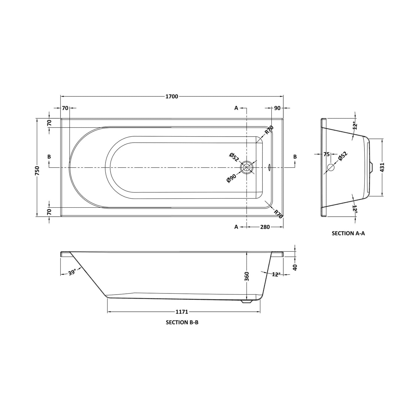 [BBSE014] Round SE Bath with Leg Set 1700x750 EL - Technical Drawing