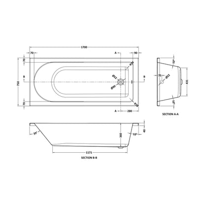 [BBSE014] Round SE Bath with Leg Set 1700x750 EL - Technical Drawing