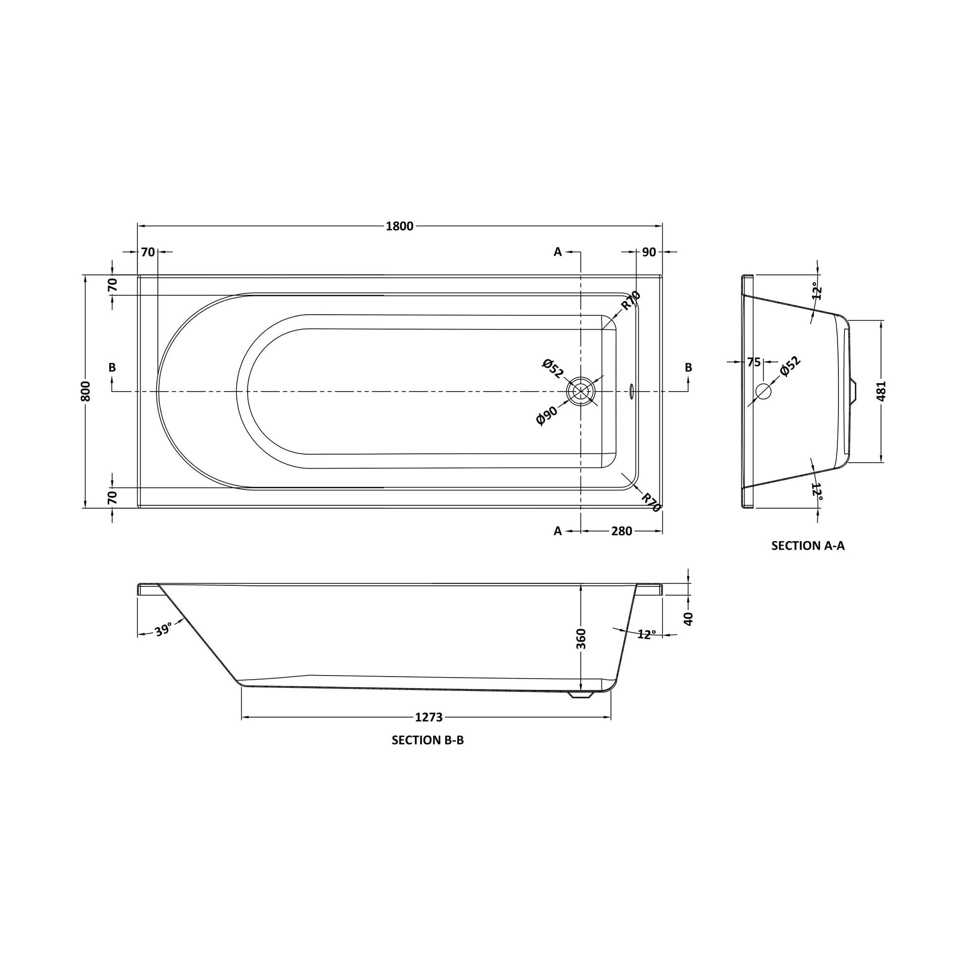[BBSE015] Round SE Bath with Leg Set 1800x800 EL - Technical Drawing
