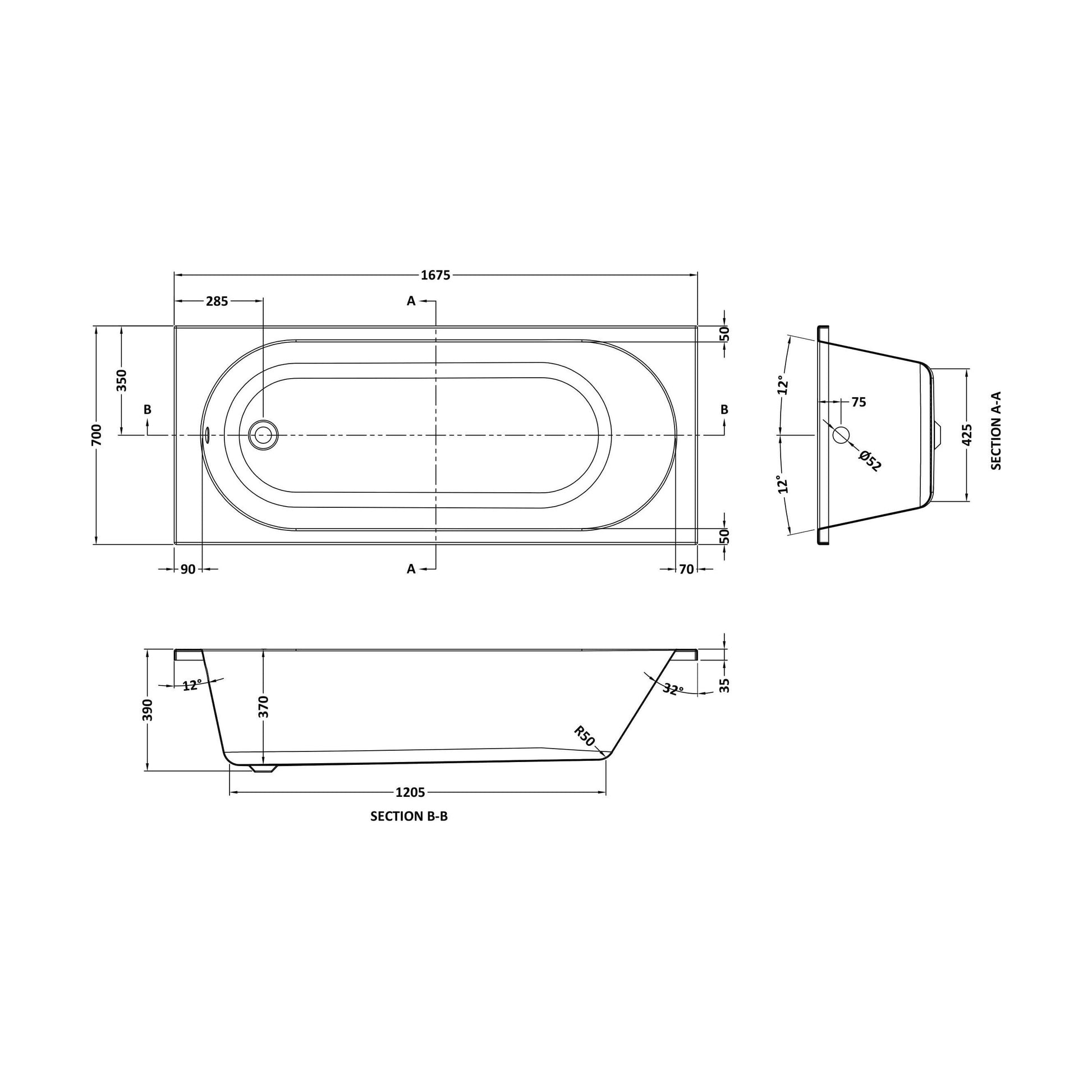 [BBSE308] Round Standard Bath 1675 x 700 - Technical Drawing