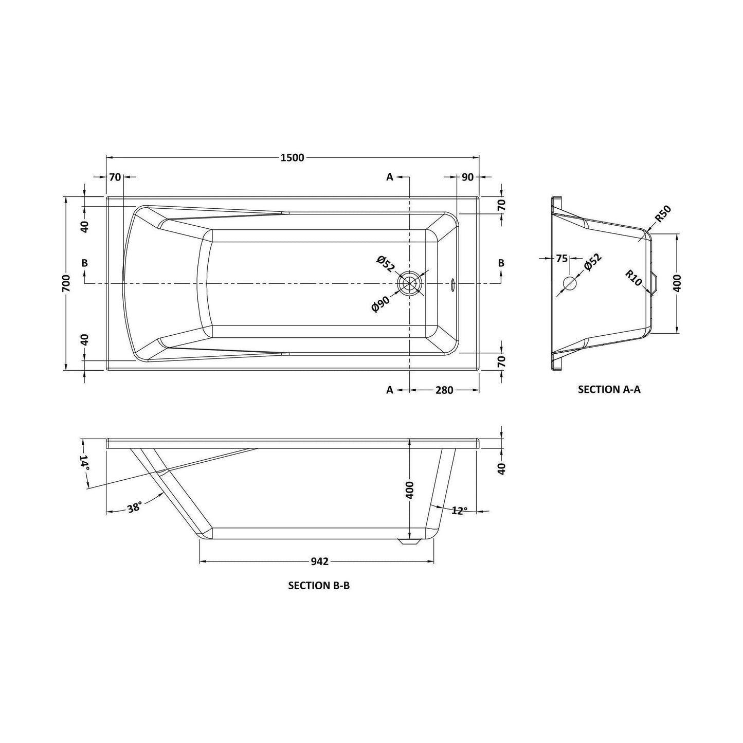 [BBSE405] Contemporary Square Single Ended Bath Tub & Leg Set - Multiple Sizes - Technical Drawing